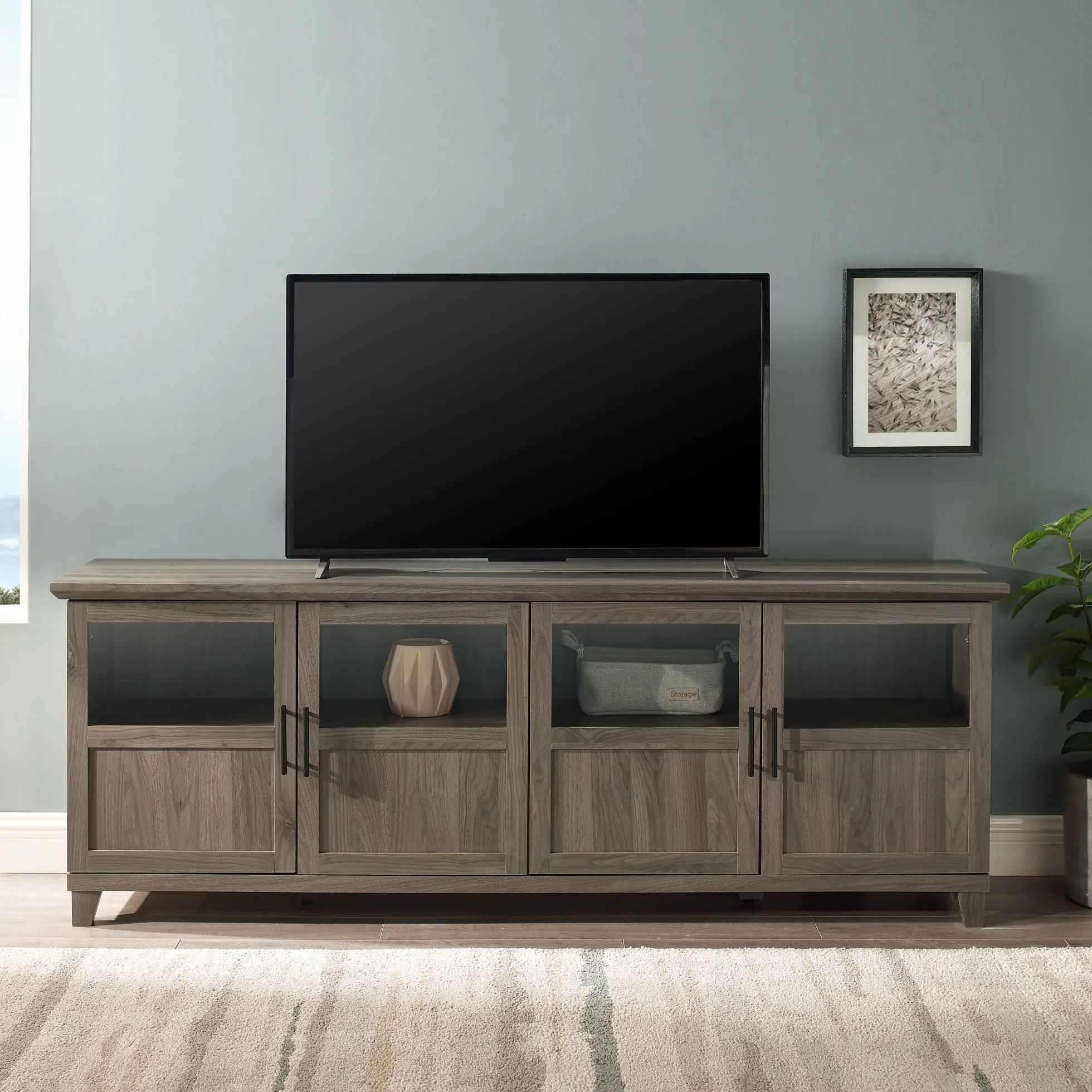 Goodwin 70" TV Stand with Glass and Wood 4 Panel Doors
