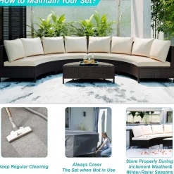 Half-Moon 5 Piece All-Weather Outdoor Patio Wicker Sofa Sectional Set with Table
