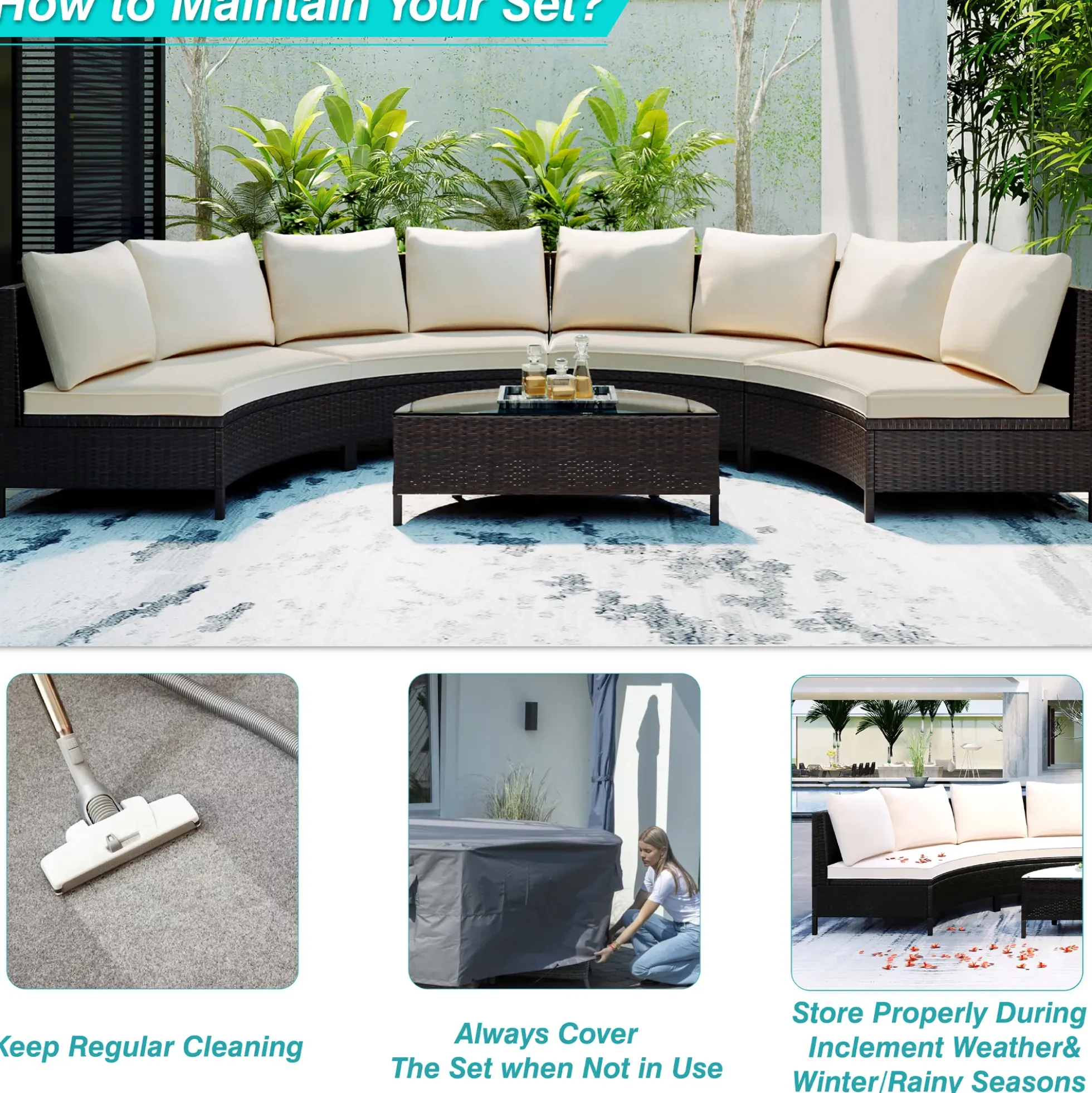 Half-Moon 5 Piece All-Weather Outdoor Patio Wicker Sofa Sectional Set with Table