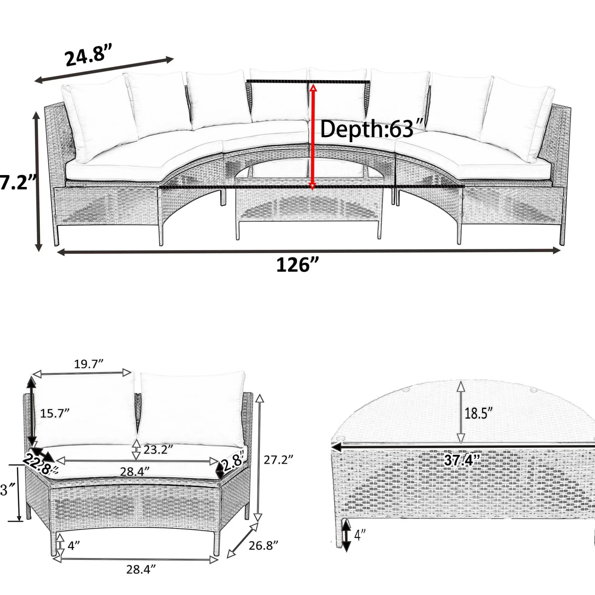 Half-Moon 5 Piece All-Weather Outdoor Patio Wicker Sofa Sectional Set with Table