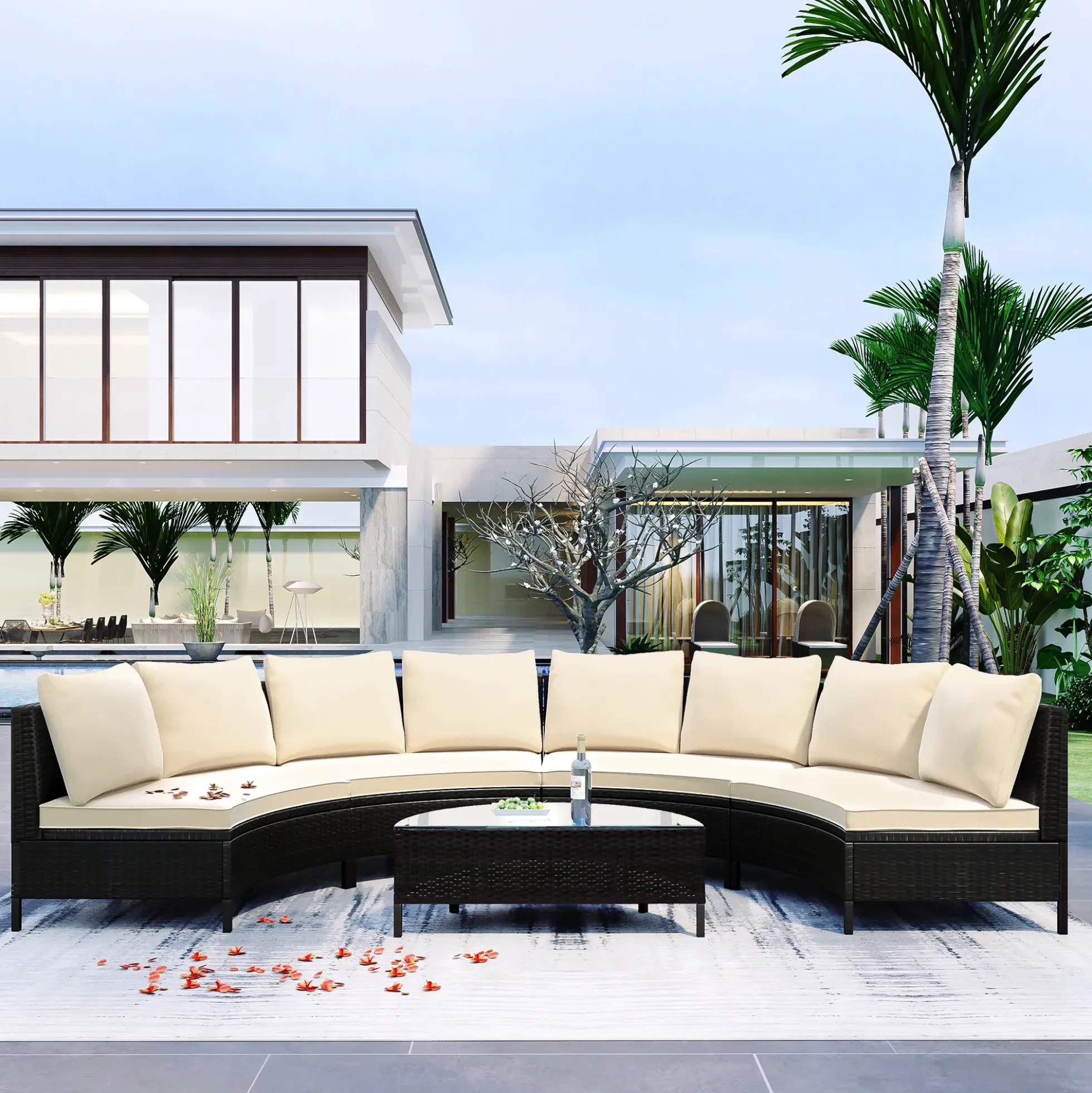 Half-Moon 5 Piece All-Weather Outdoor Patio Wicker Sofa Sectional Set with Table