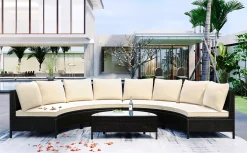 Half-Moon 5 Piece All-Weather Outdoor Patio Wicker Sofa Sectional Set with Table