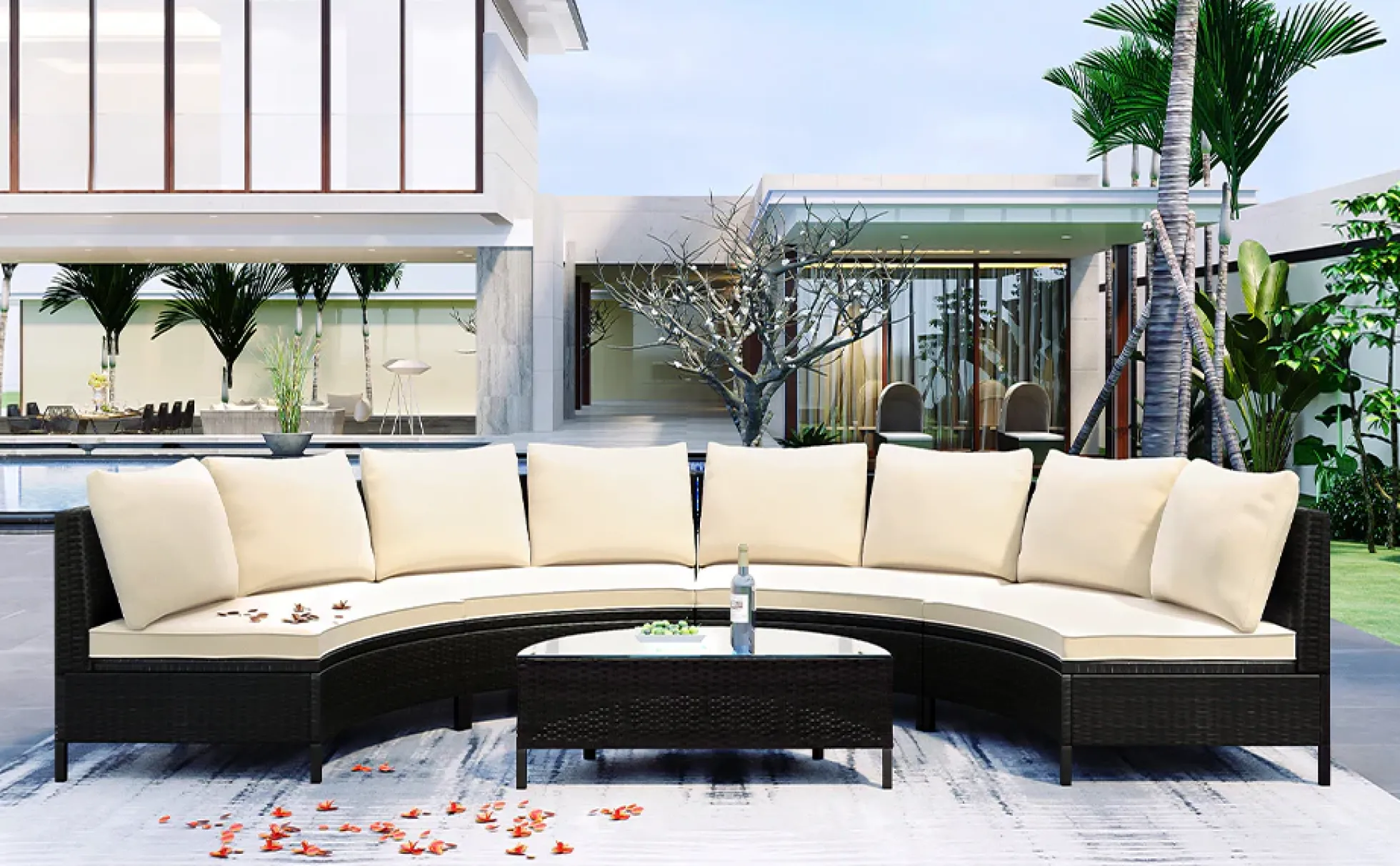 Half-Moon 5 Piece All-Weather Outdoor Patio Wicker Sofa Sectional Set with Table