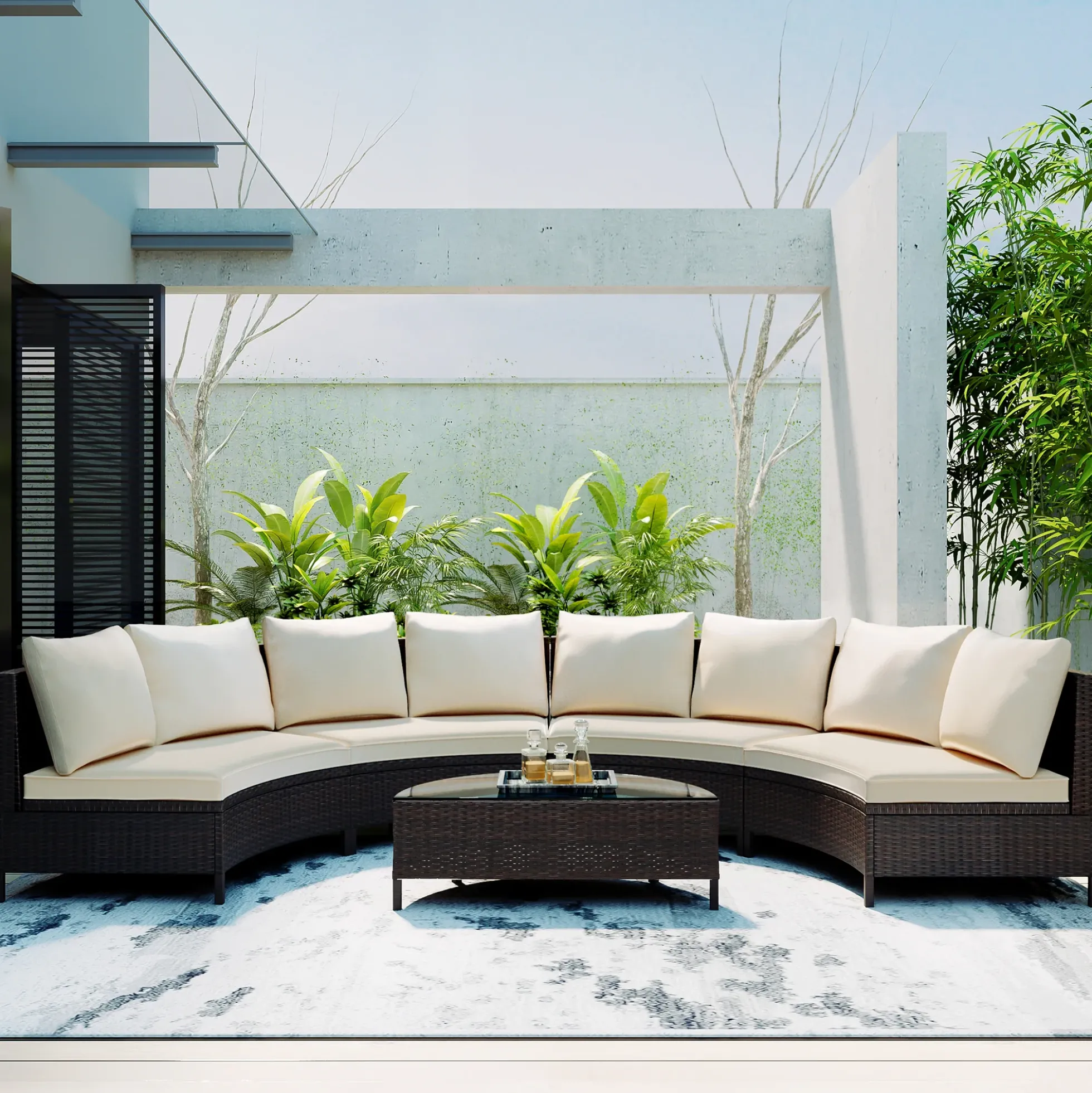 Half-Moon 5 Piece All-Weather Outdoor Patio Wicker Sofa Sectional Set with Table