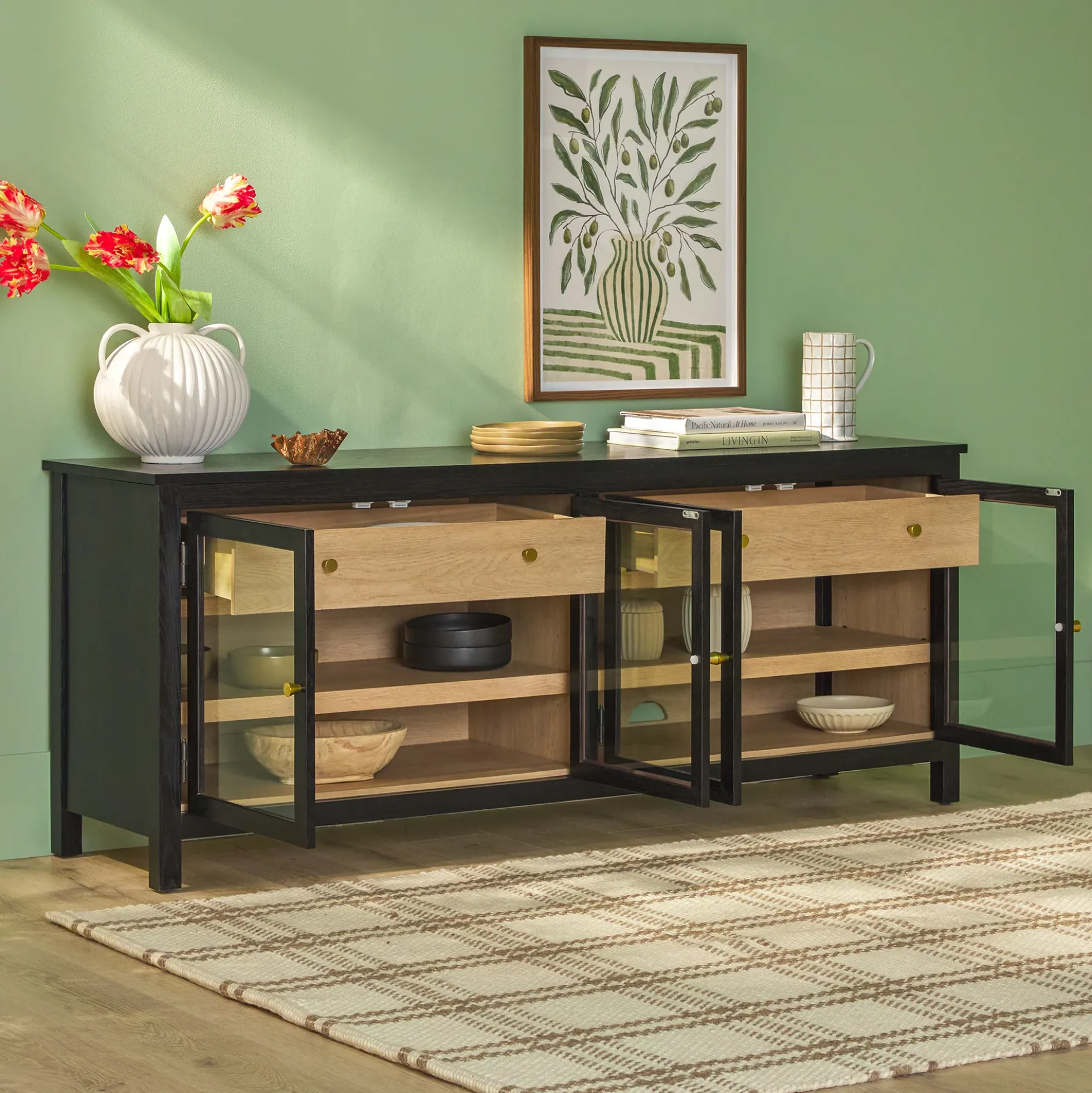 Harlow Modern Easy Assembly Glass Door 70” Sideboard TV Stand