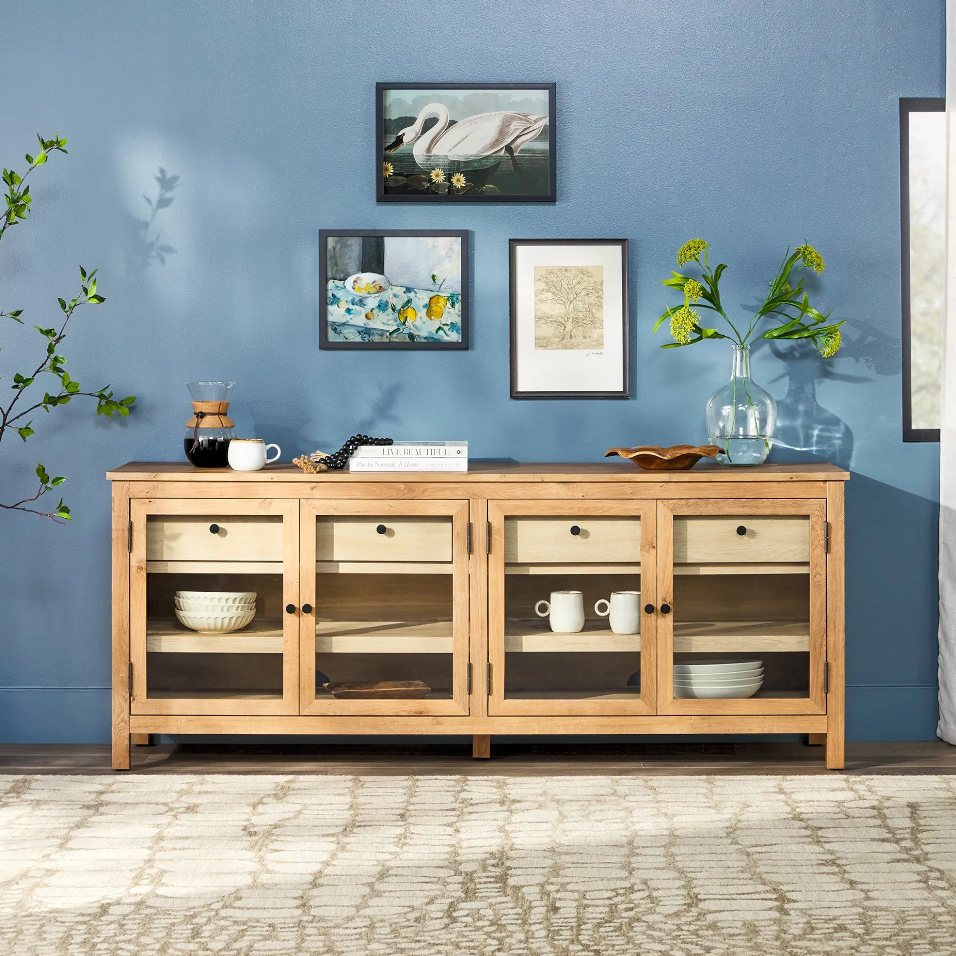 Harlow Modern Easy Assembly Glass Door 70” Sideboard TV Stand