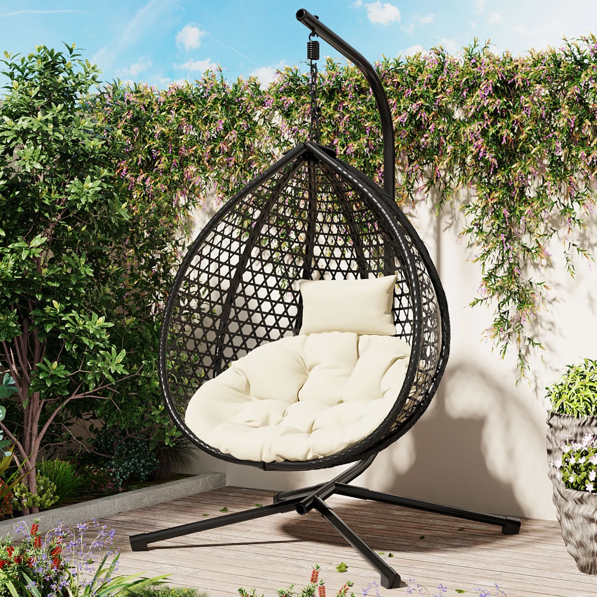 Indoor/Outdoor Rattan Hanging Egg Hammock Chair with Stand & Cushion