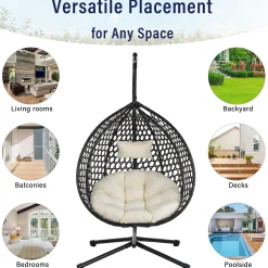 Indoor/Outdoor Rattan Hanging Egg Hammock Chair with Stand & Cushion