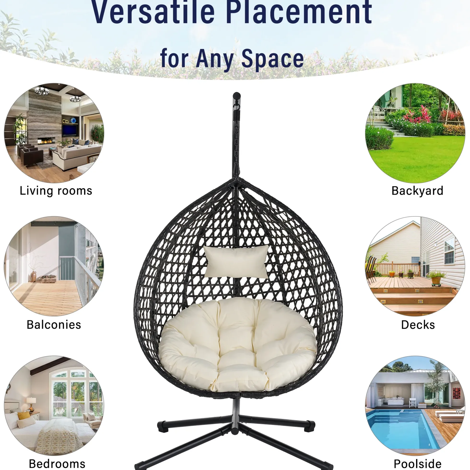 Indoor/Outdoor Rattan Hanging Egg Hammock Chair with Stand & Cushion