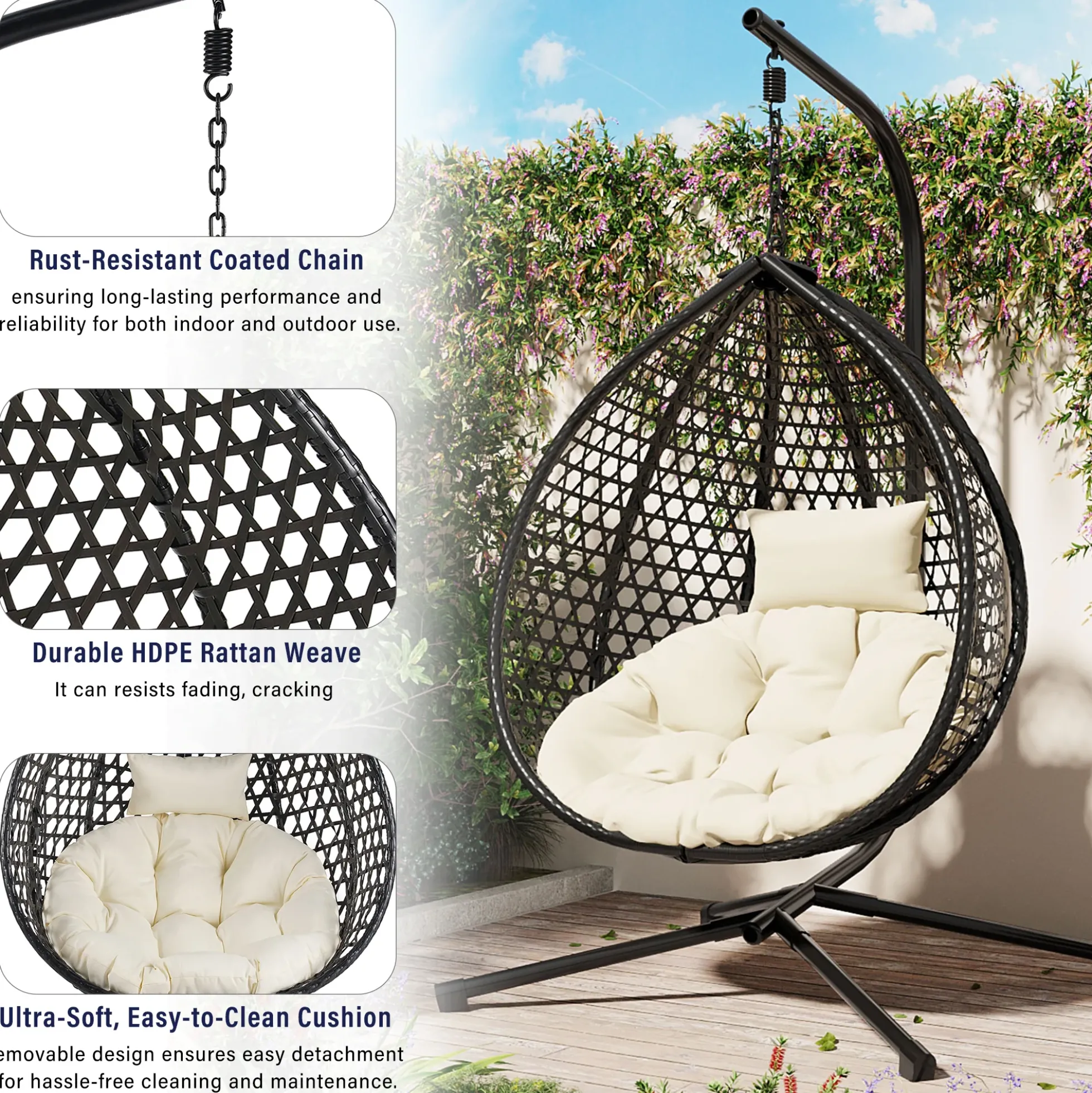 Indoor/Outdoor Rattan Hanging Egg Hammock Chair with Stand & Cushion
