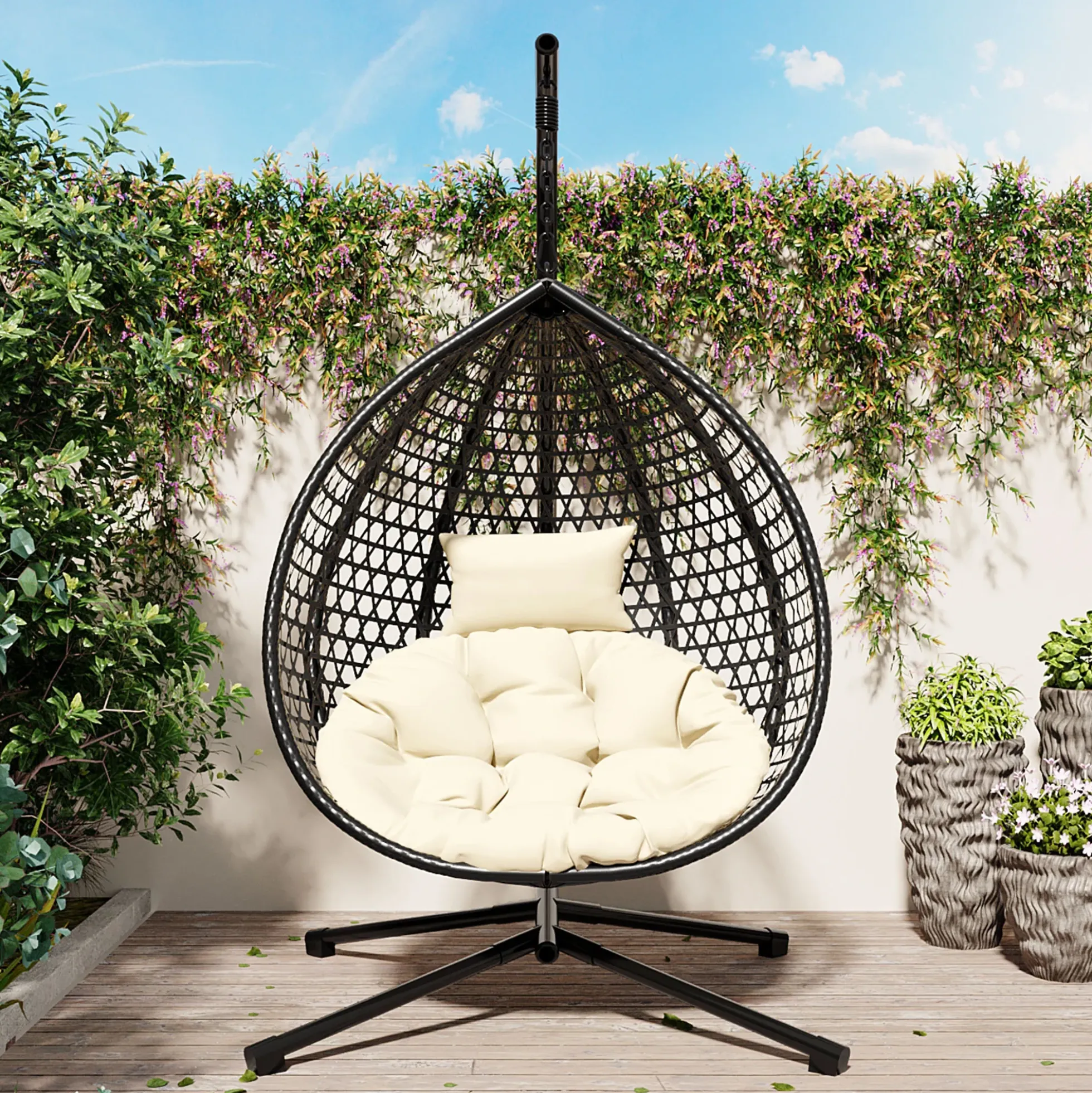 Indoor/Outdoor Rattan Hanging Egg Hammock Chair with Stand & Cushion