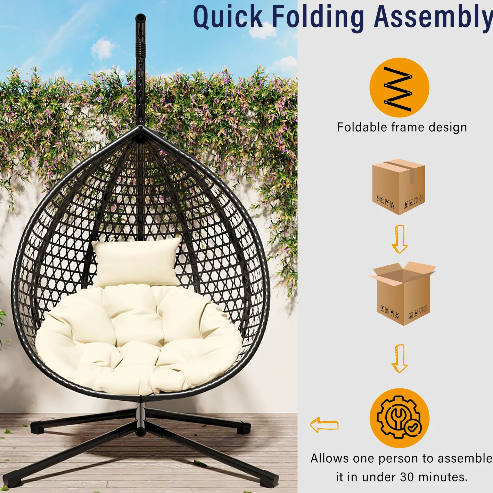Indoor/Outdoor Rattan Hanging Egg Hammock Chair with Stand & Cushion