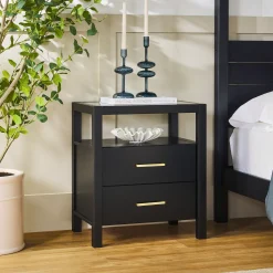 Isla Modern Easy Assembly Solid Wood 2-Drawer Nightstand Side Table with Glass Top