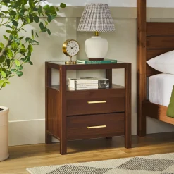 Isla Modern Easy Assembly Solid Wood 2-Drawer Nightstand Side Table with Glass Top