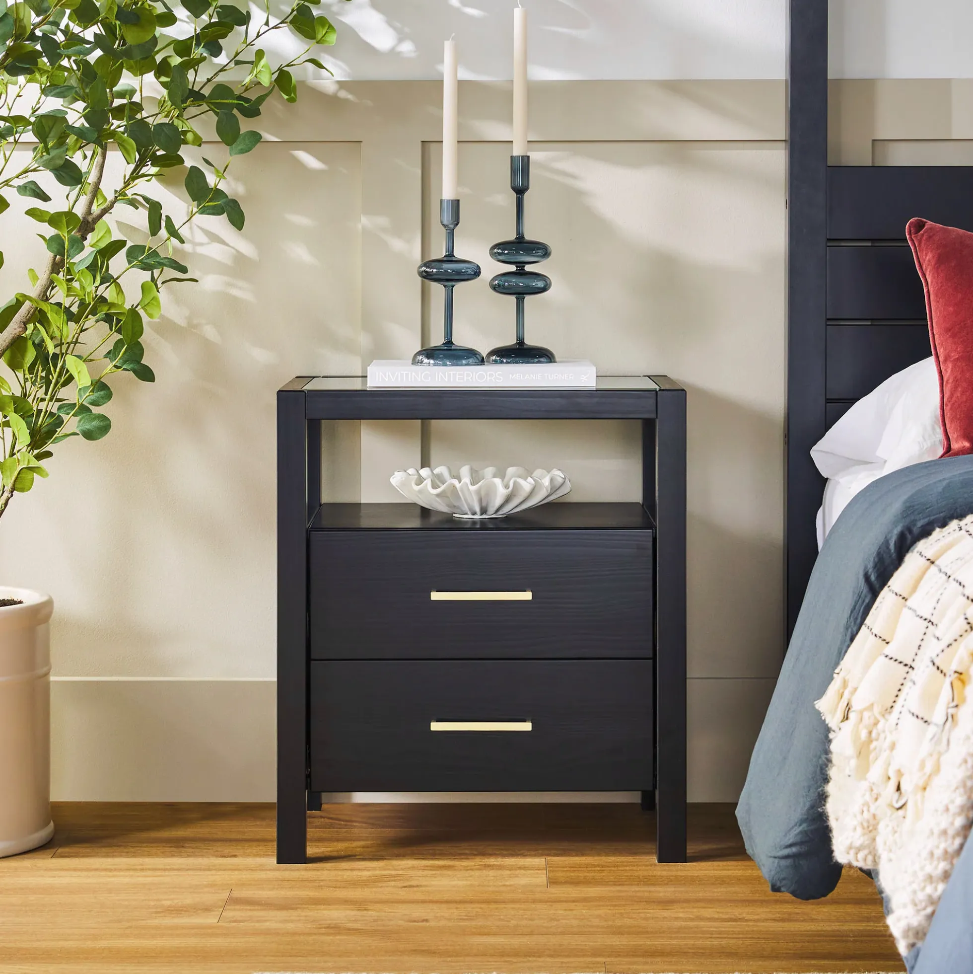 Isla Modern Easy Assembly Solid Wood 2-Drawer Nightstand Side Table with Glass Top