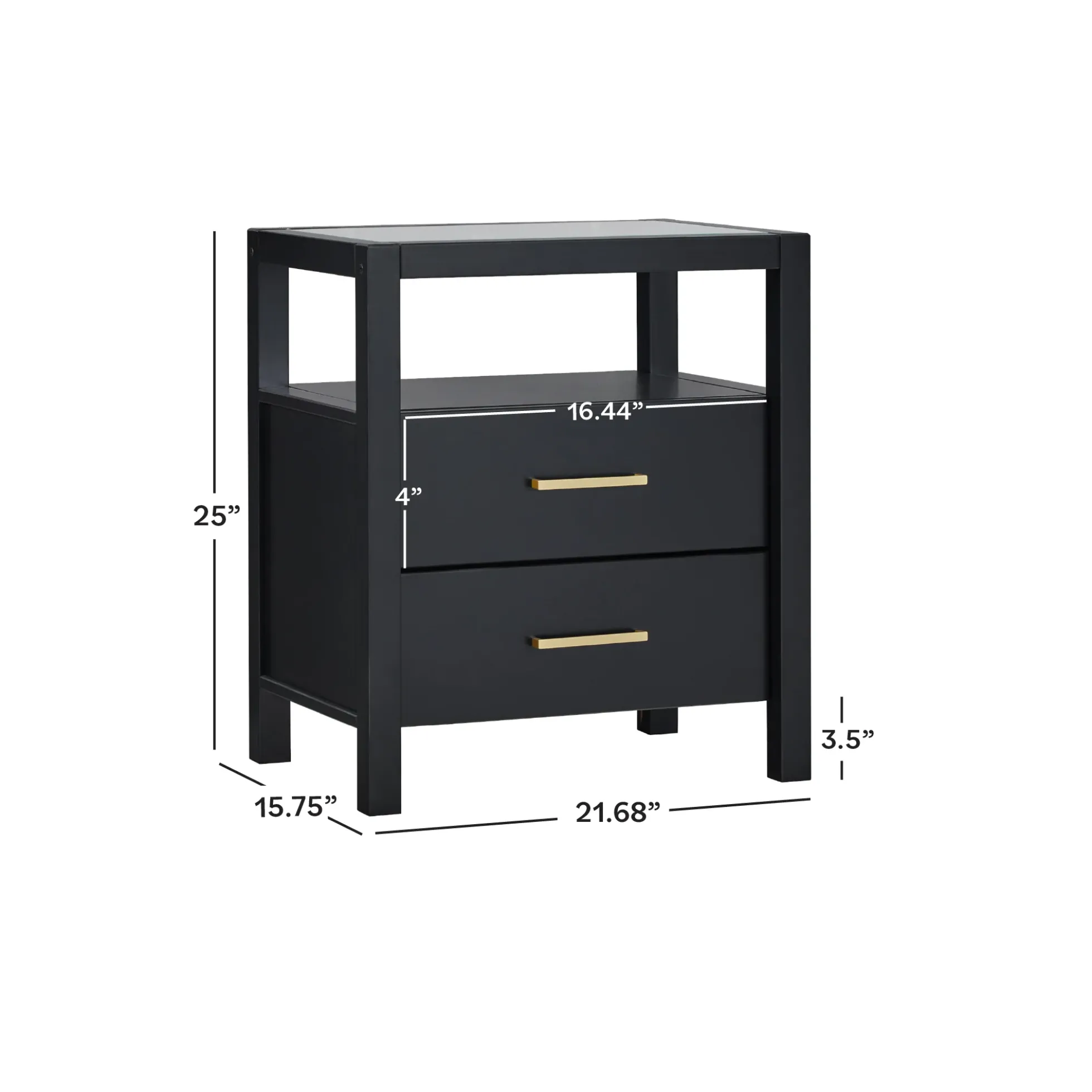 Isla Modern Easy Assembly Solid Wood 2-Drawer Nightstand Side Table with Glass Top