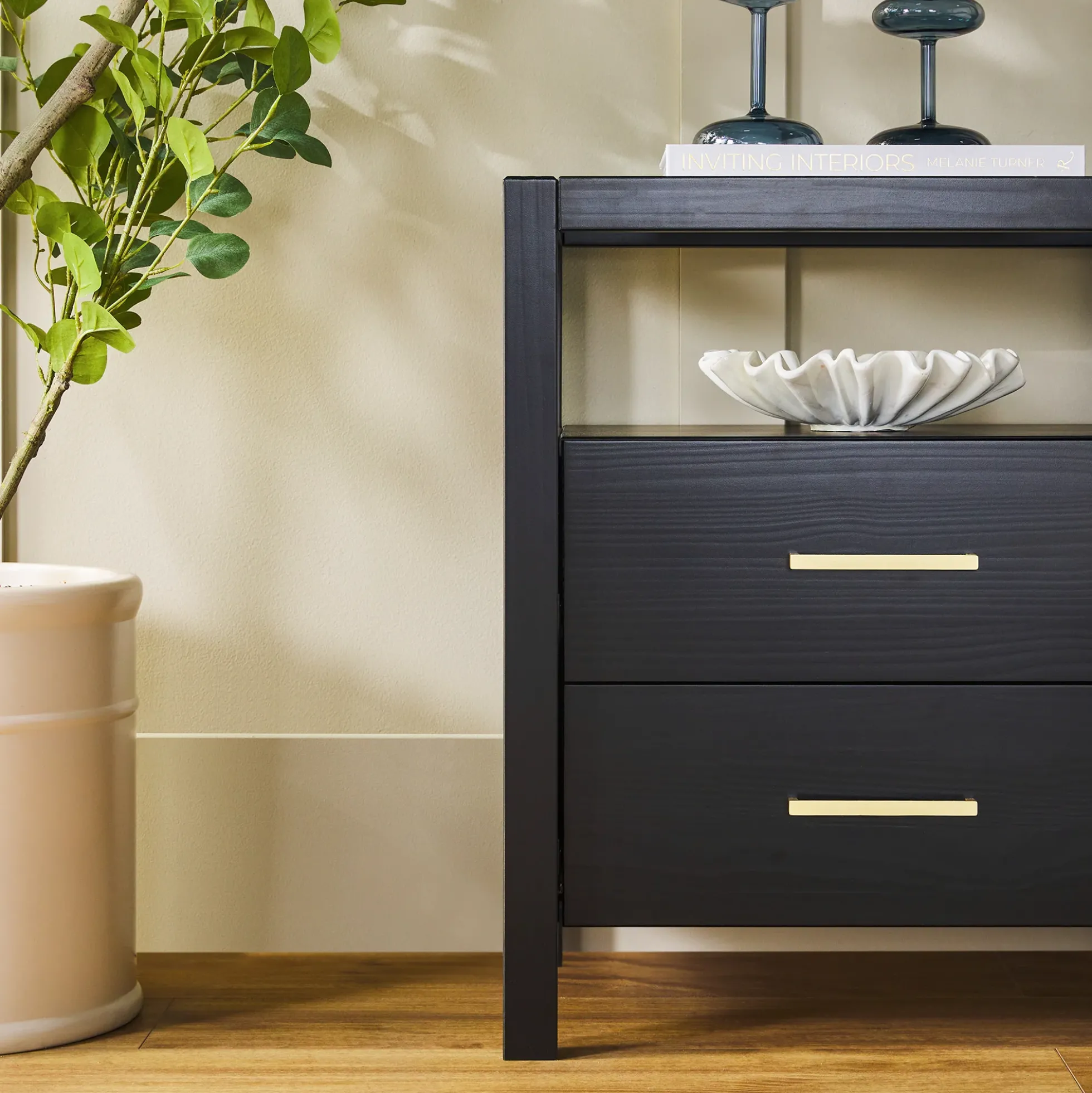 Isla Modern Easy Assembly Solid Wood 2-Drawer Nightstand Side Table with Glass Top