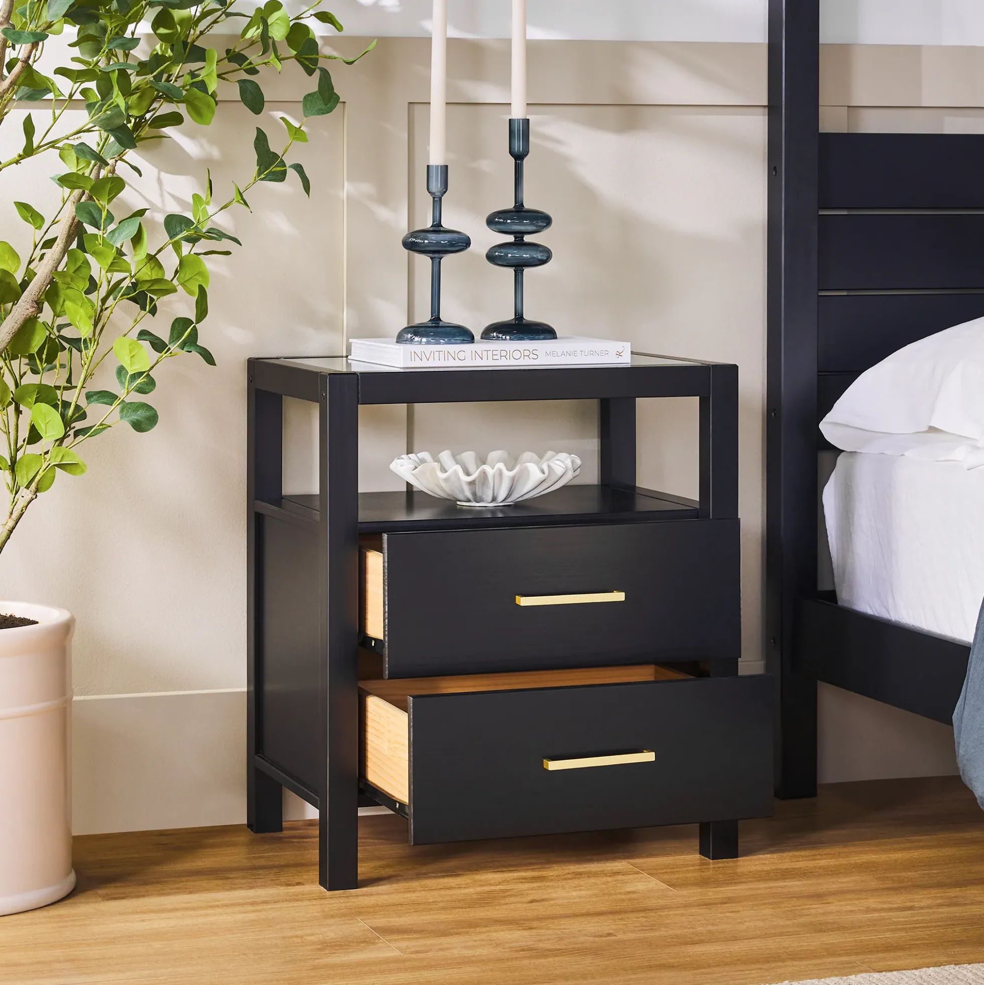 Isla Modern Easy Assembly Solid Wood 2-Drawer Nightstand Side Table with Glass Top