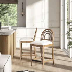 Leon 27' Arched Back Wood & Upholstered Counter Stool, Set of 2