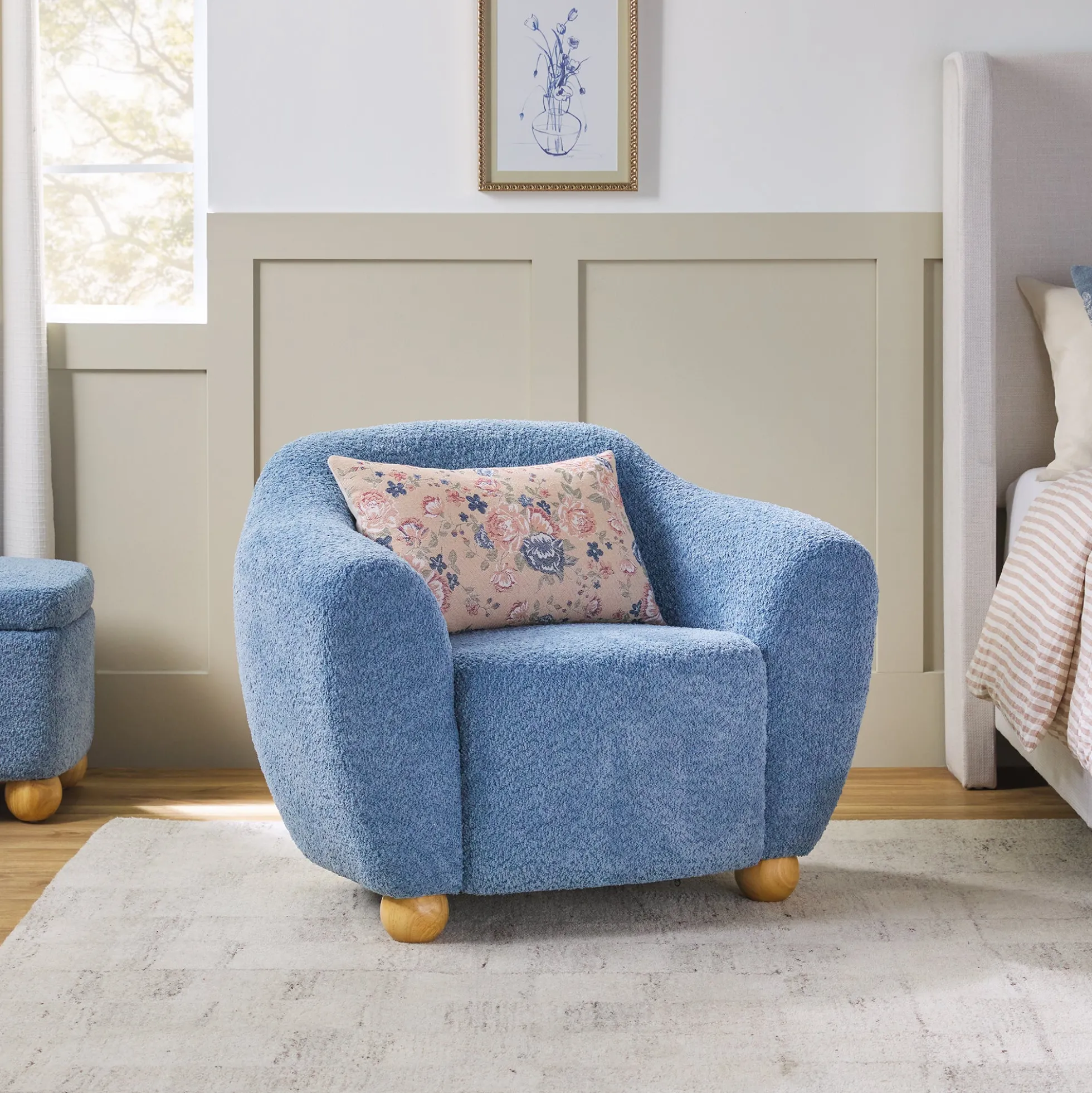 Linley Contemporary Bouclé Upholstered Accent Chair with Ottoman Set