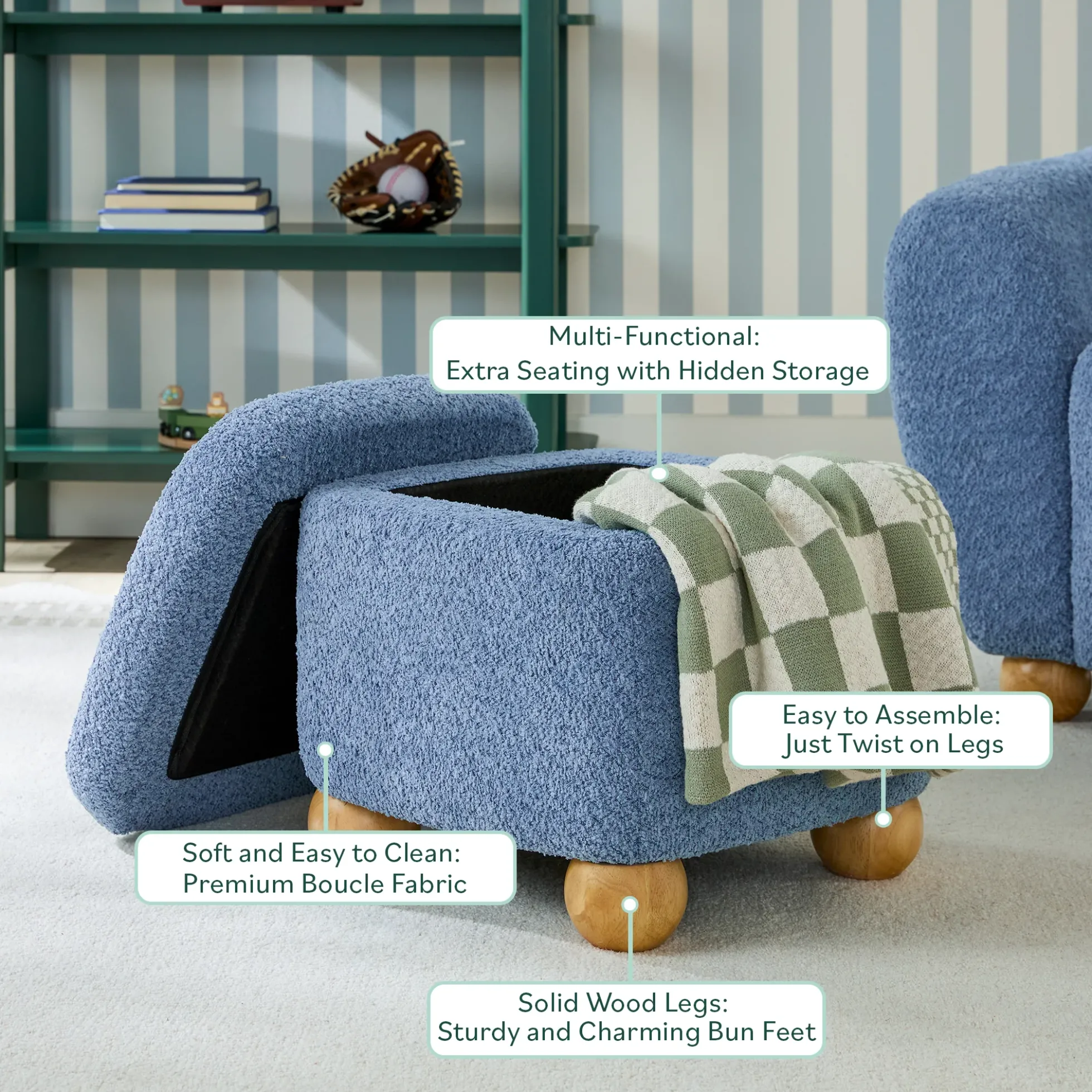 Linley Contemporary Bouclé Upholstered Accent Chair with Ottoman Set