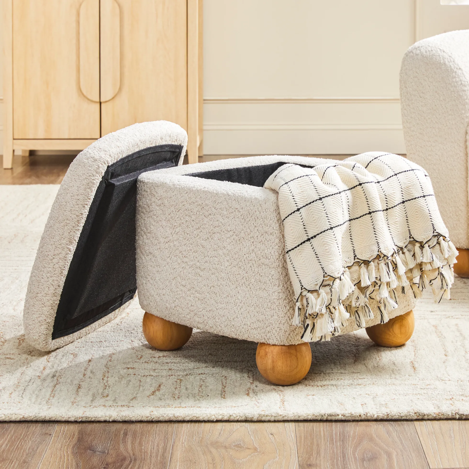 Linley Contemporary Bouclé Upholstered Accent Chair with Ottoman Set