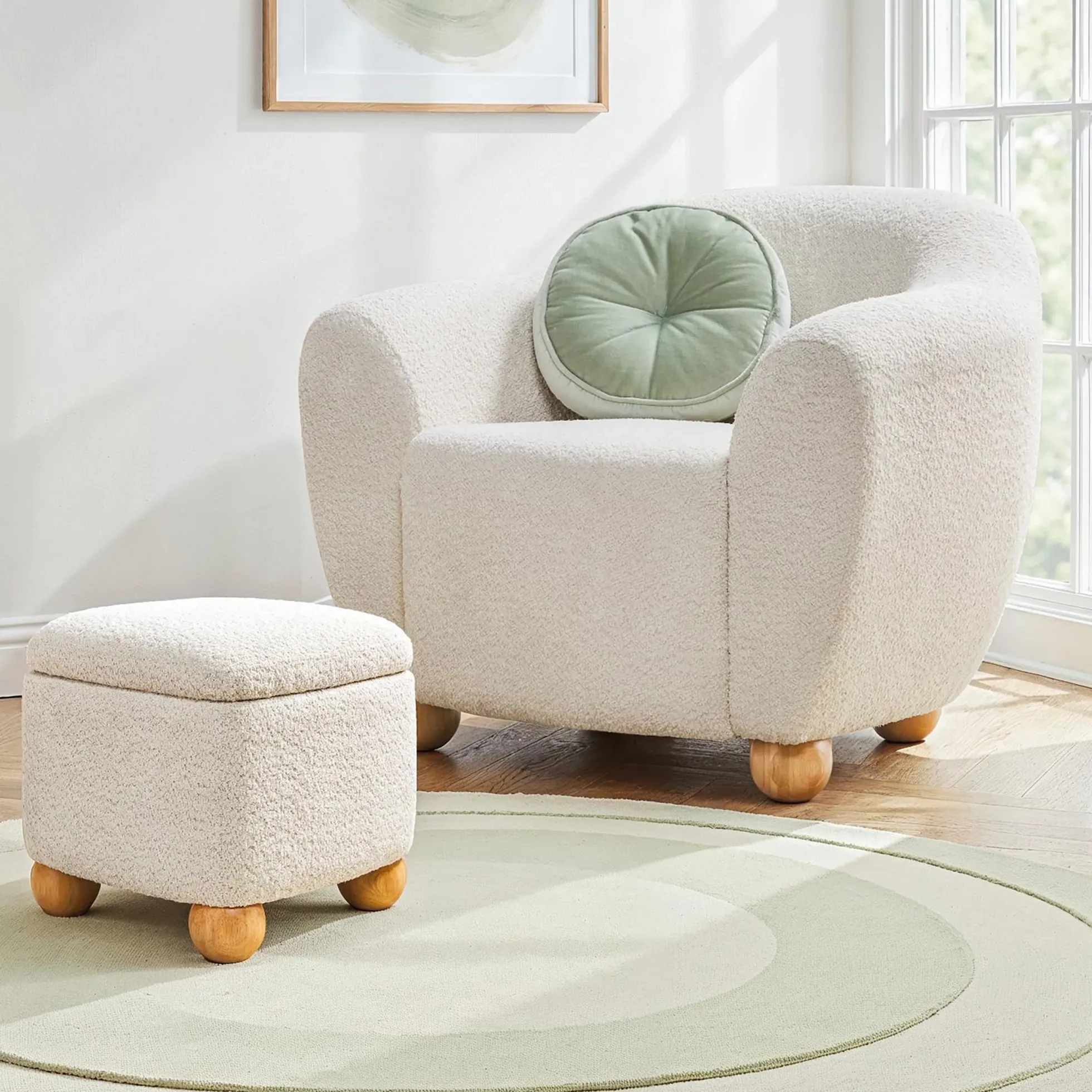 Linley Contemporary Bouclé Upholstered Accent Chair with Ottoman Set