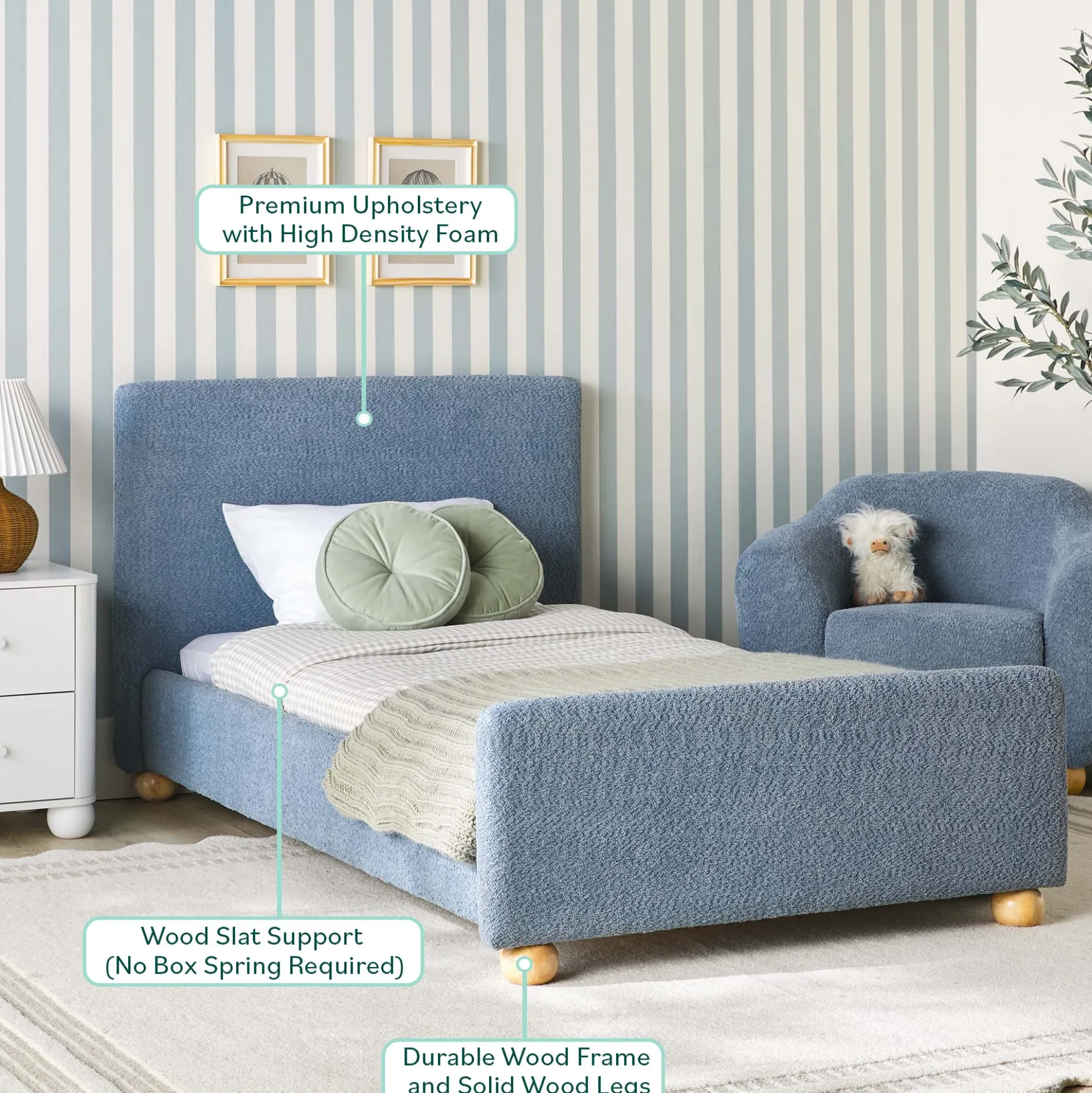 Linley Modern Upholstered Boucle Twin Bed Frame with Round Feet