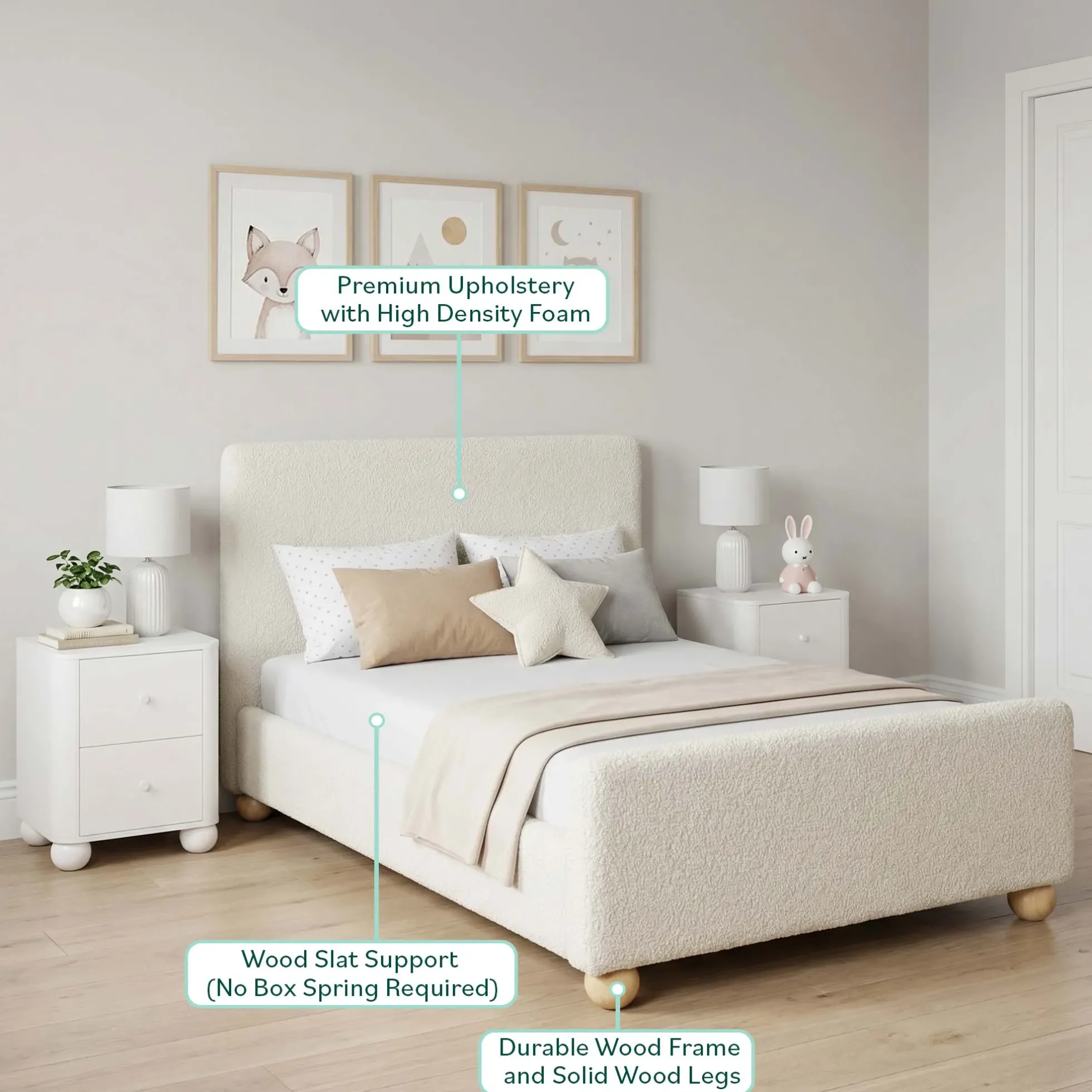 Linley Modern Upholstered Boucle Twin Bed Frame with Round Feet