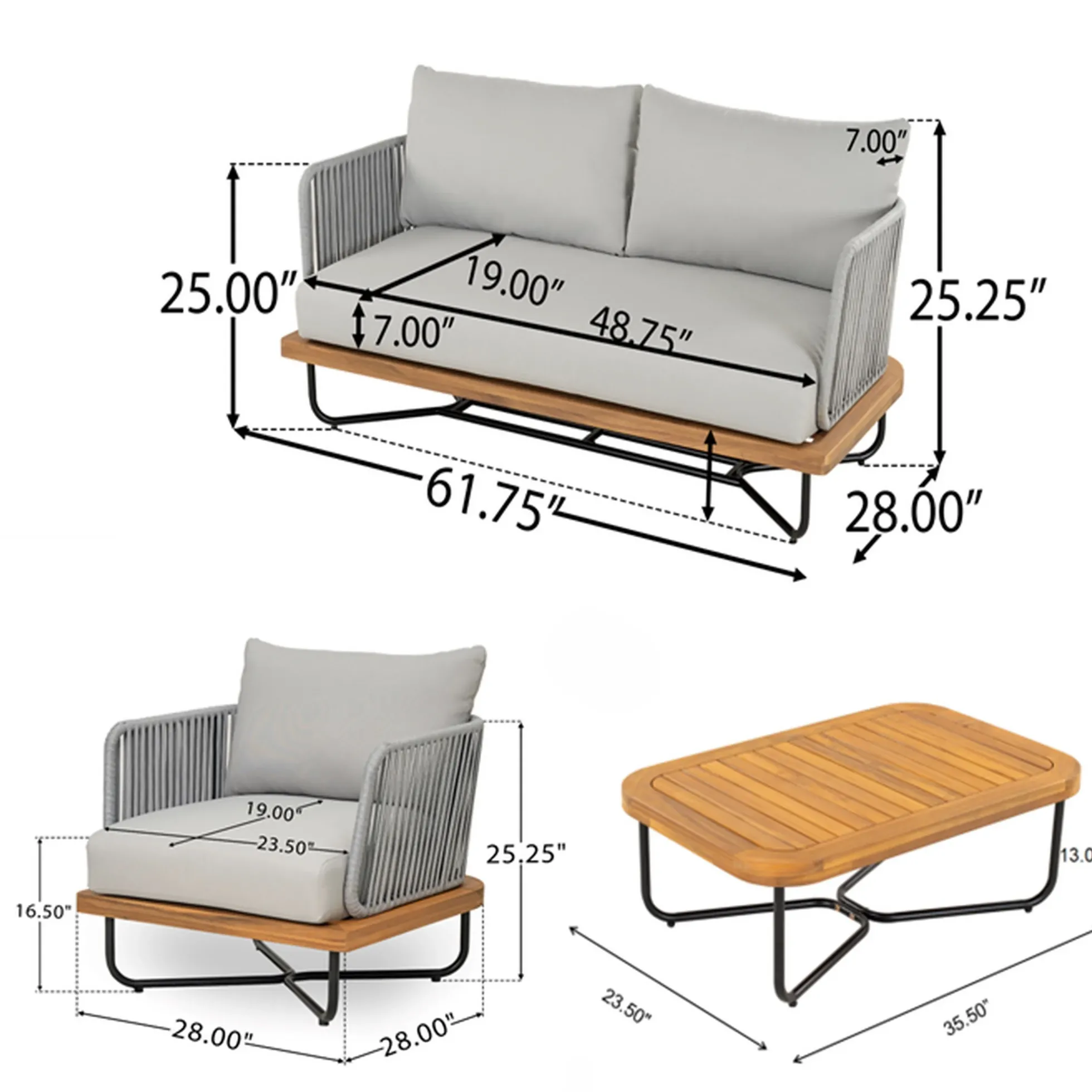 Lucca Outdoor 4 Piece Acacia Wood & Rope Woven Sofa Conversation Set