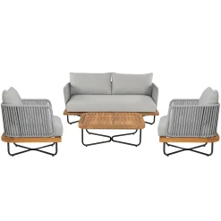 Lucca Outdoor 4 Piece Acacia Wood & Rope Woven Sofa Conversation Set