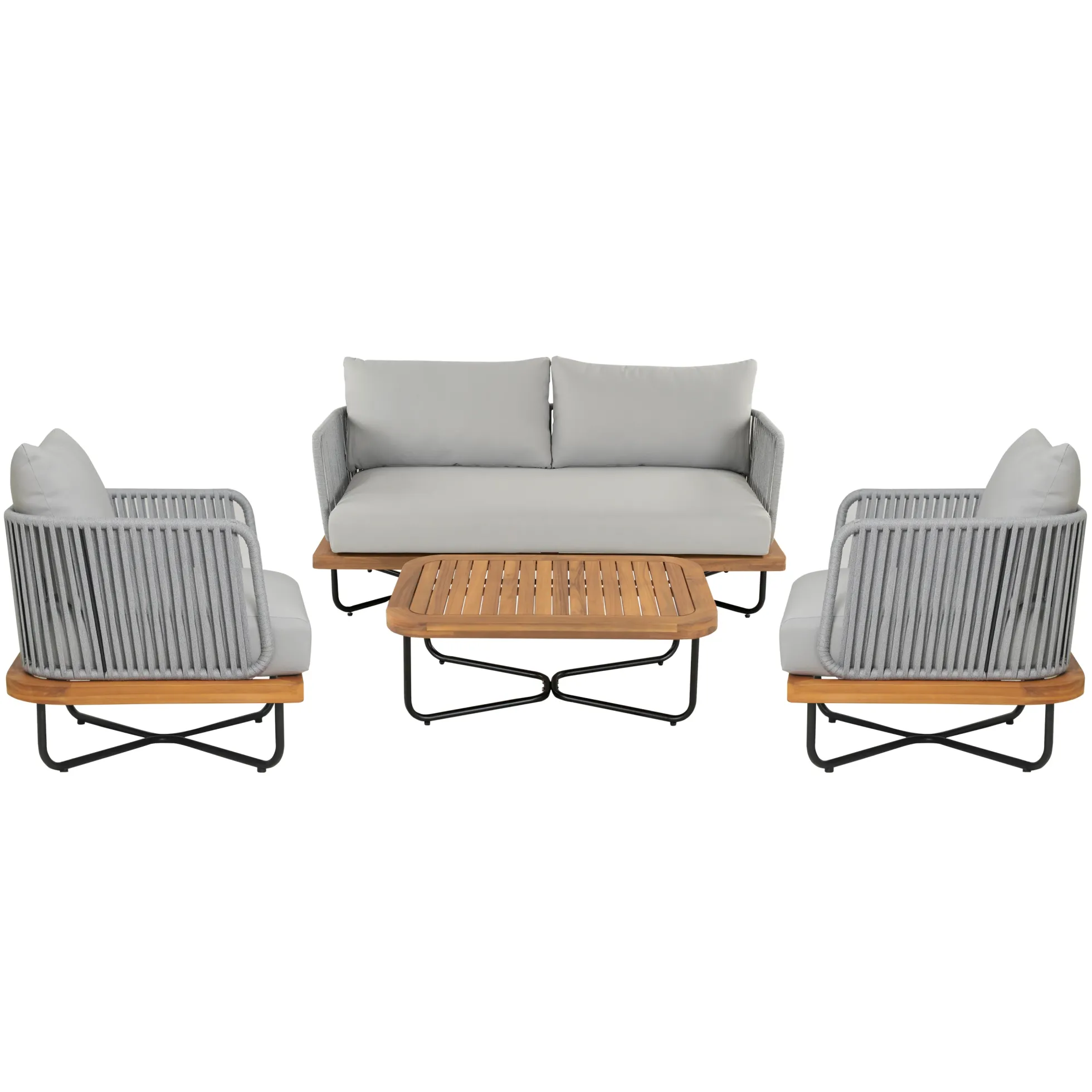 Lucca Outdoor 4 Piece Acacia Wood & Rope Woven Sofa Conversation Set