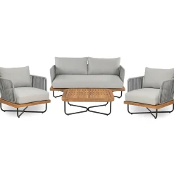 Lucca Outdoor 4 Piece Acacia Wood & Rope Woven Sofa Conversation Set