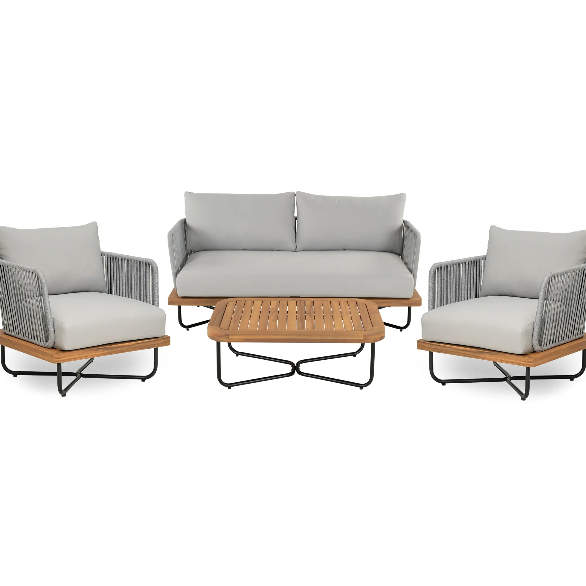 Lucca Outdoor 4 Piece Acacia Wood & Rope Woven Sofa Conversation Set