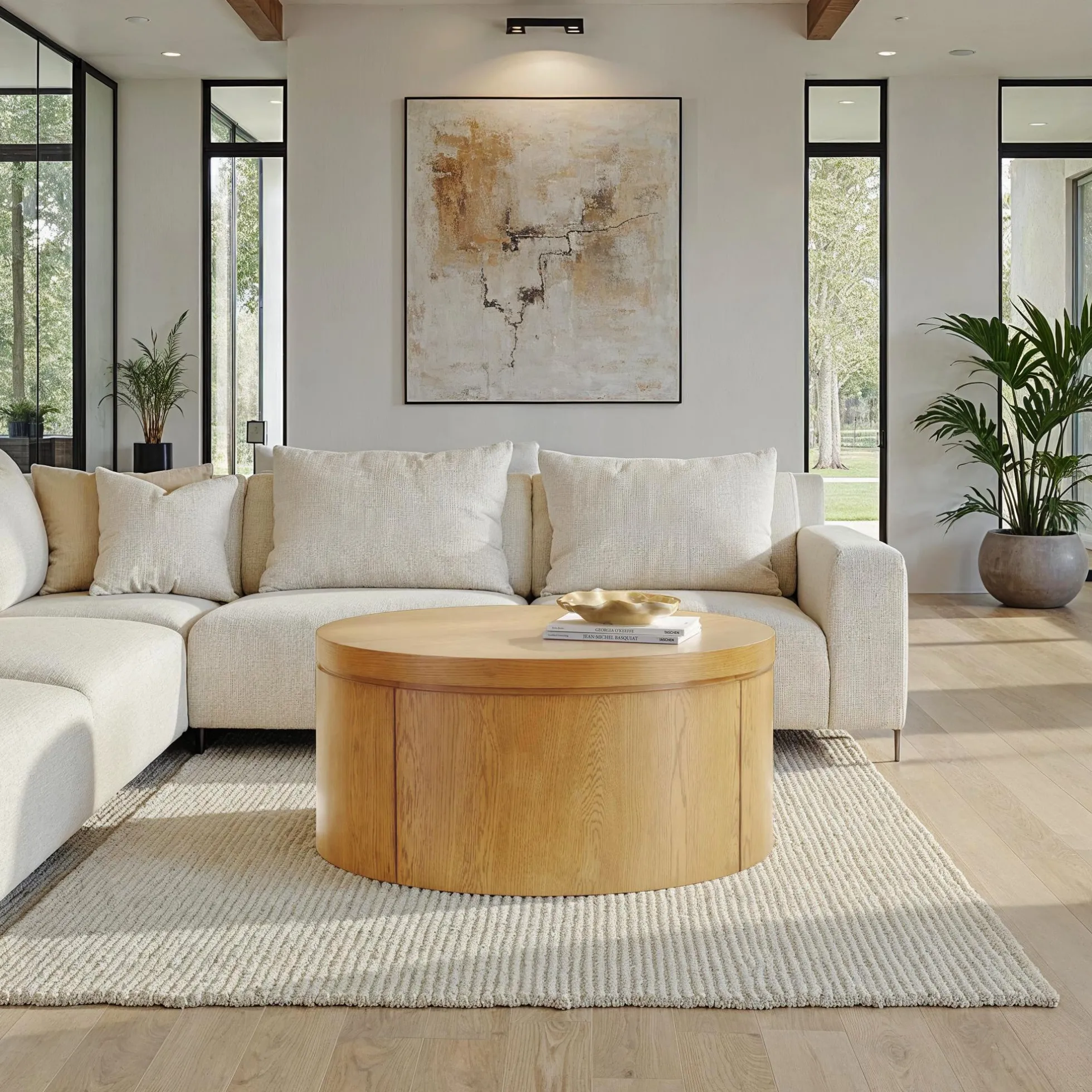 Maya 36" Modern Easy Assembly Round Oak Wood Veneer Coffee table with Storage