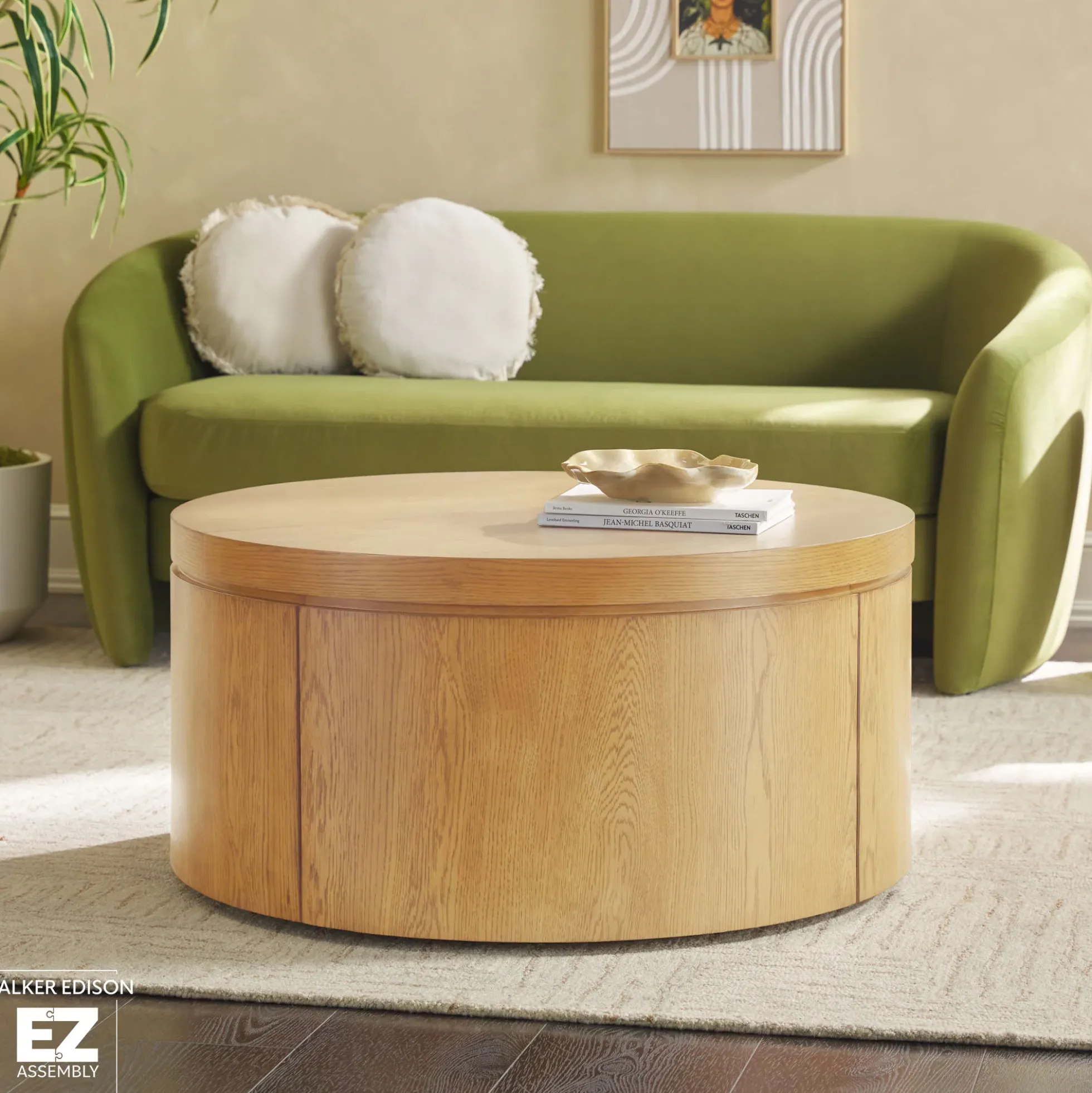 Maya 36" Modern Easy Assembly Round Oak Wood Veneer Coffee table with Storage