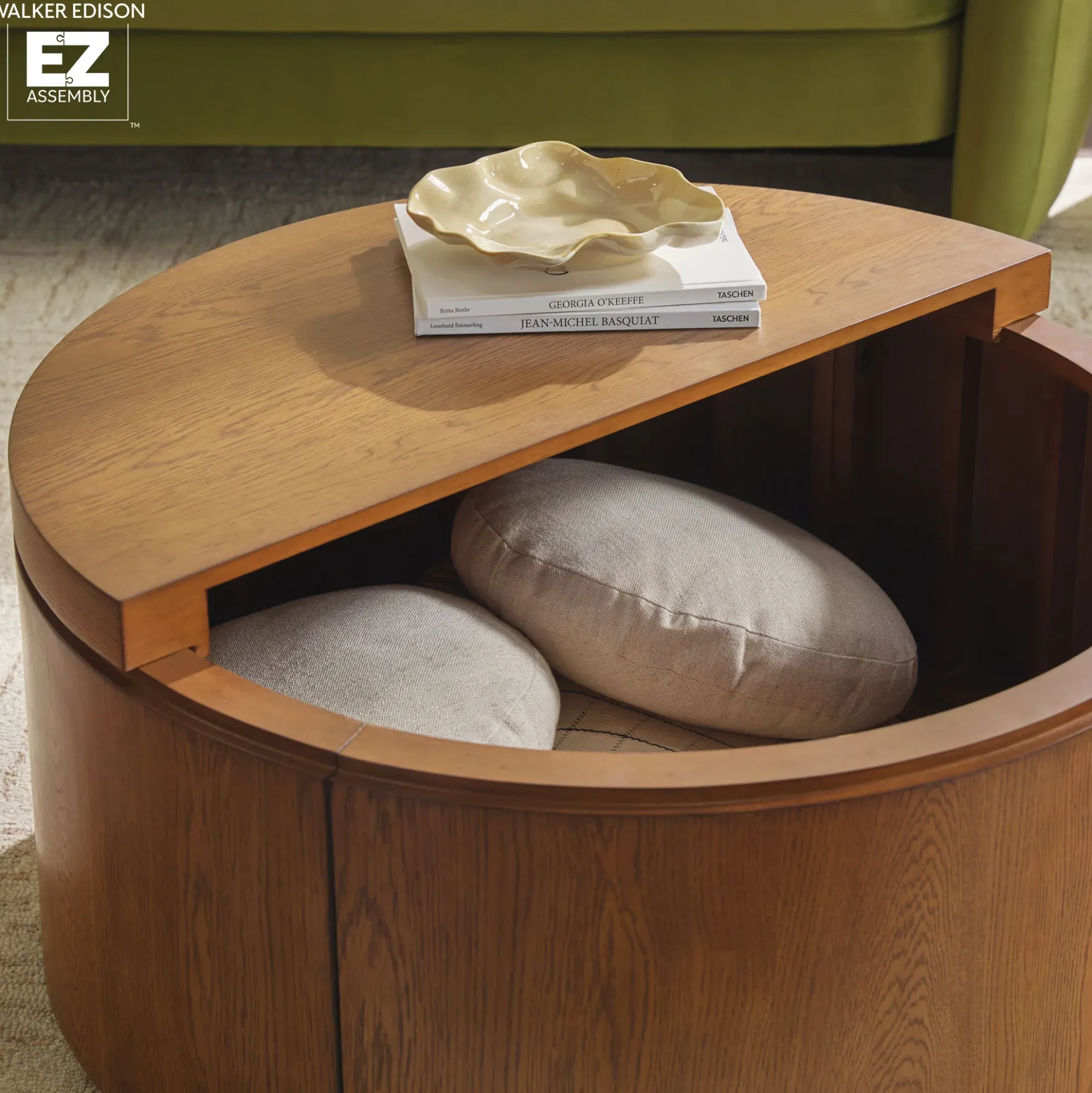 Maya 36" Modern Easy Assembly Round Oak Wood Veneer Coffee table with Storage