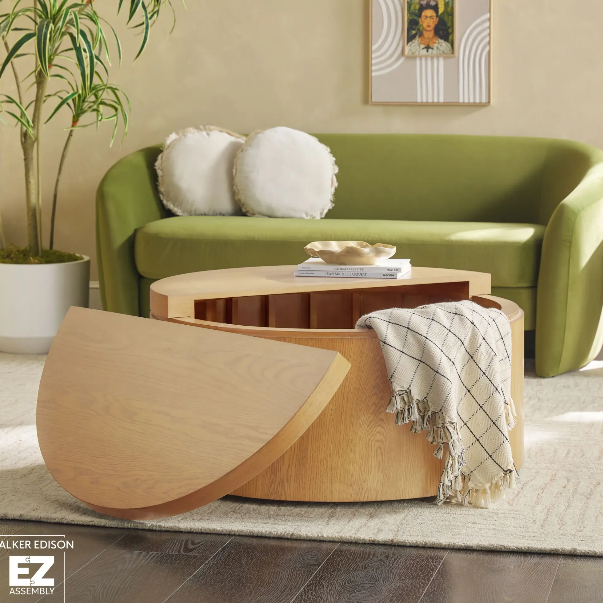 Maya 36" Modern Easy Assembly Round Oak Wood Veneer Coffee table with Storage
