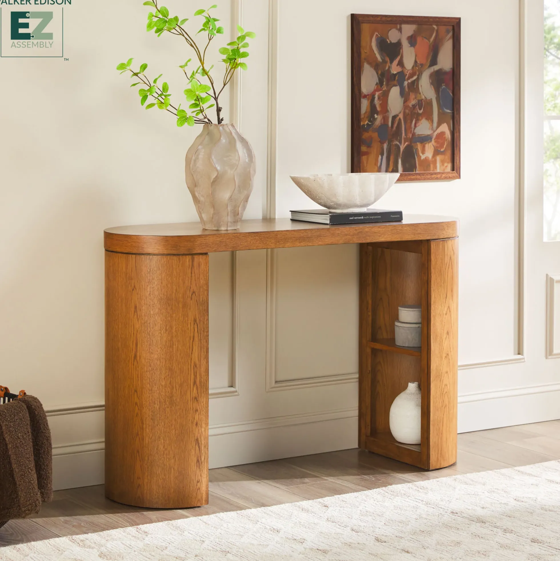 Maya 48" Modern Easy Assembly Oak Wood Veneer Console Entry Table with Storage