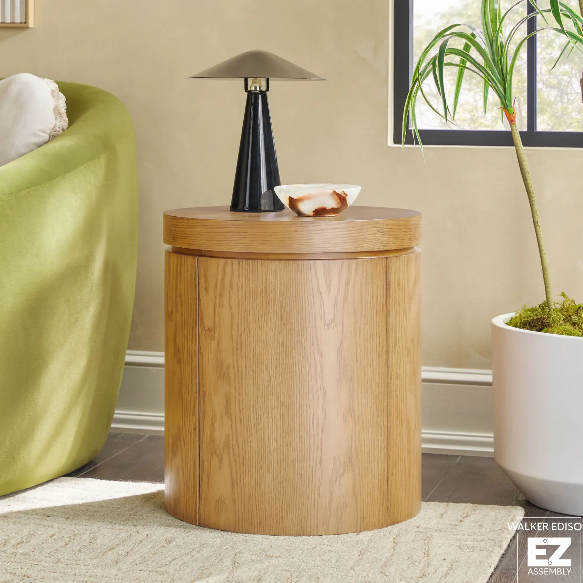 Maya 18" Modern Easy Assembly Round Oak Wood Veneer Side Table with Storage