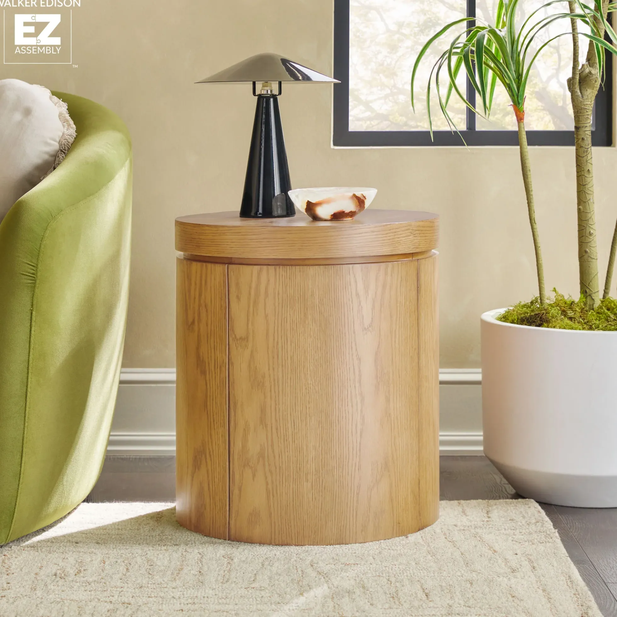 Maya 18" Modern Easy Assembly Round Oak Wood Veneer Side Table with Storage