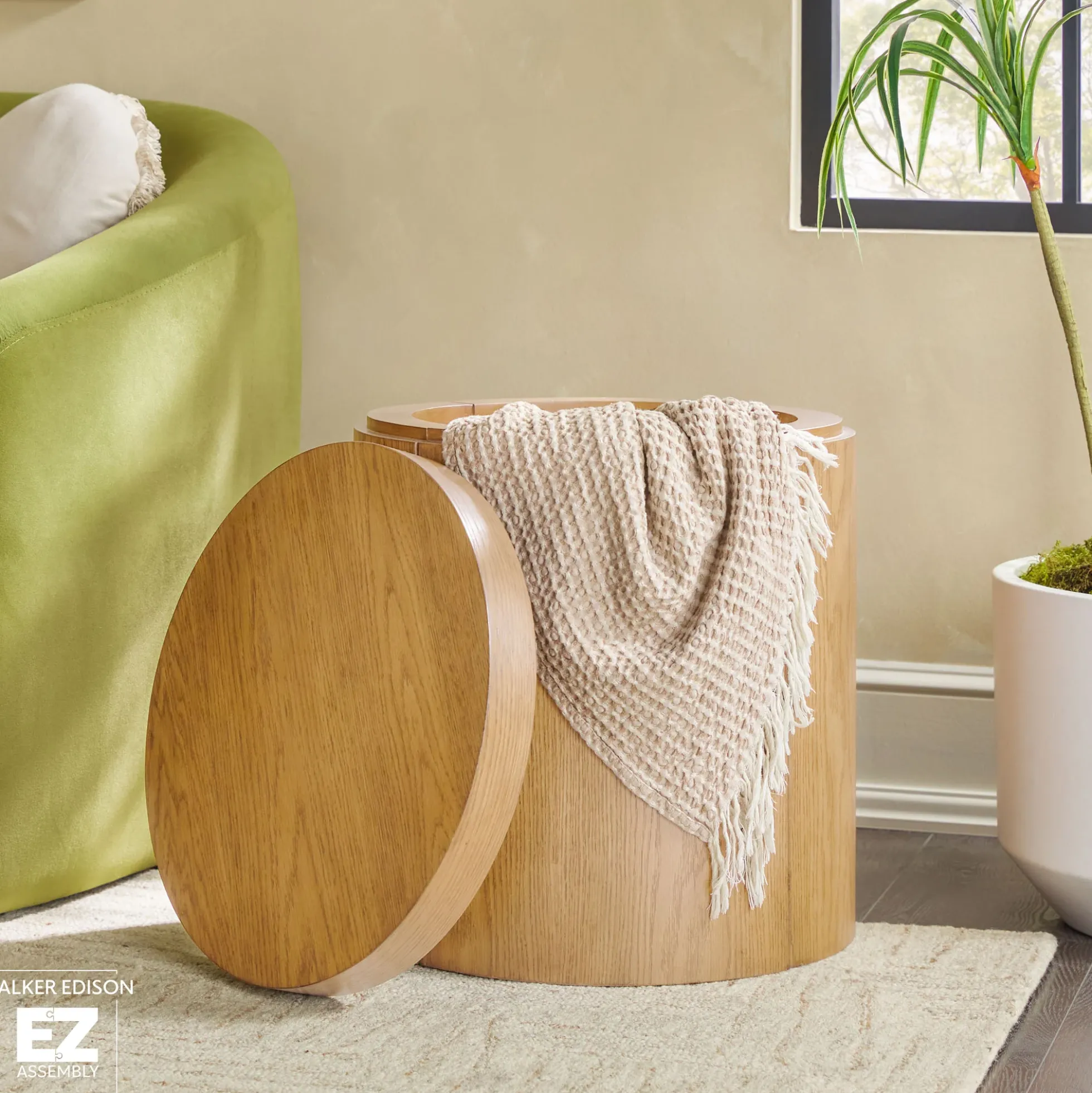 Maya 18" Modern Easy Assembly Round Oak Wood Veneer Side Table with Storage
