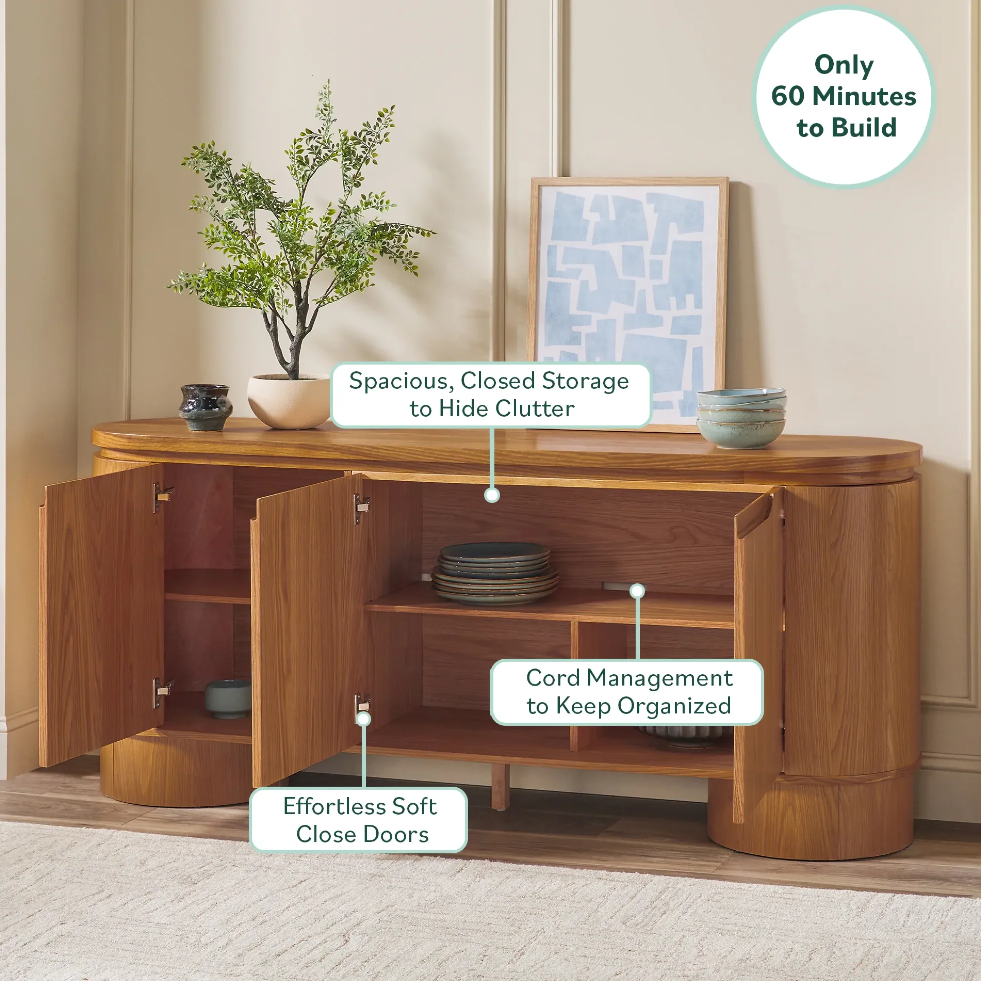Maya Modern Curved Wood 70" TV Stand Sideboard