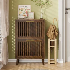 Medieval Modern Walnut Shoe Rack Entryway Cabinet
