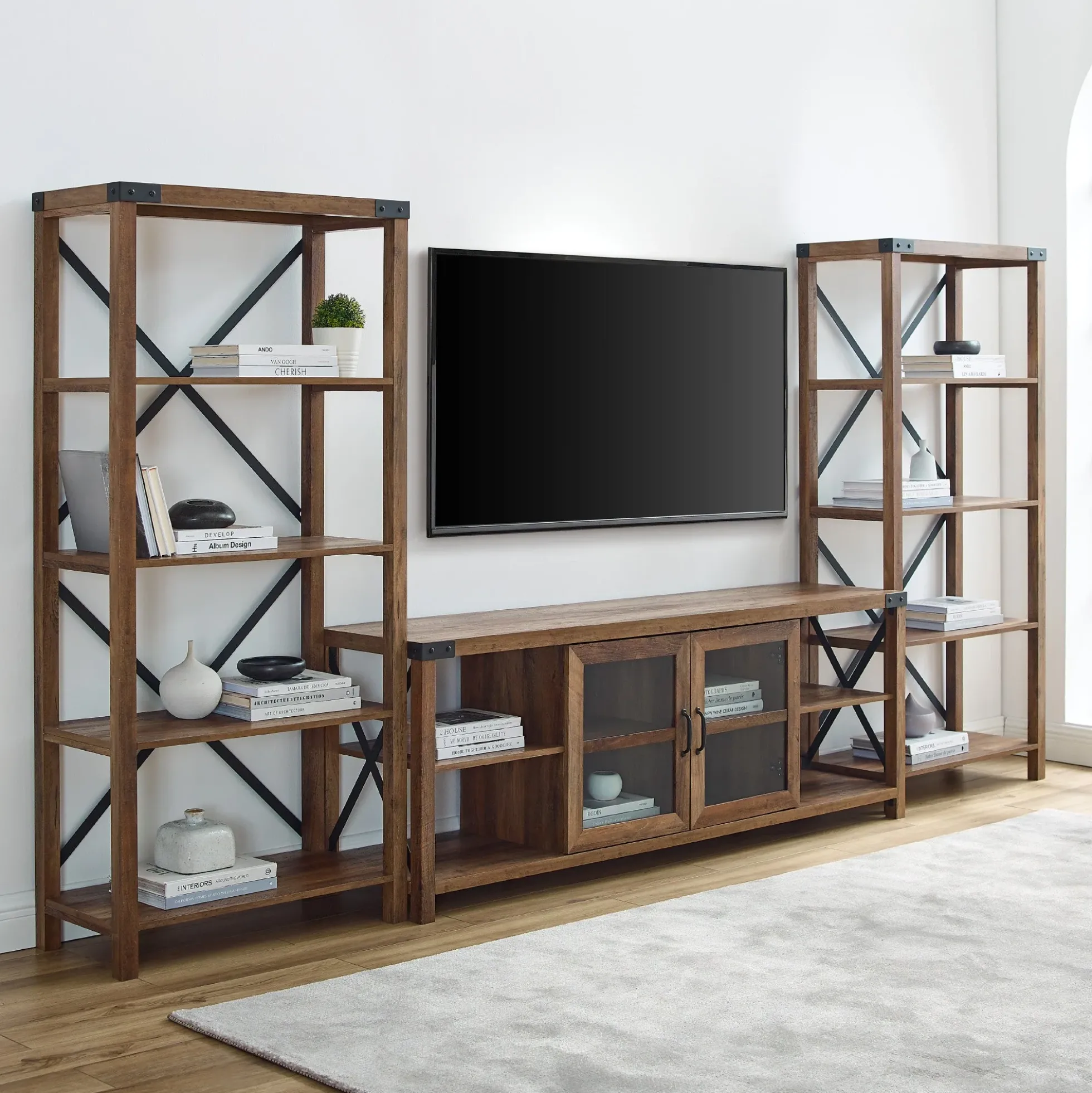 Metal X Accent Wall with 70" Glass Door TV Console