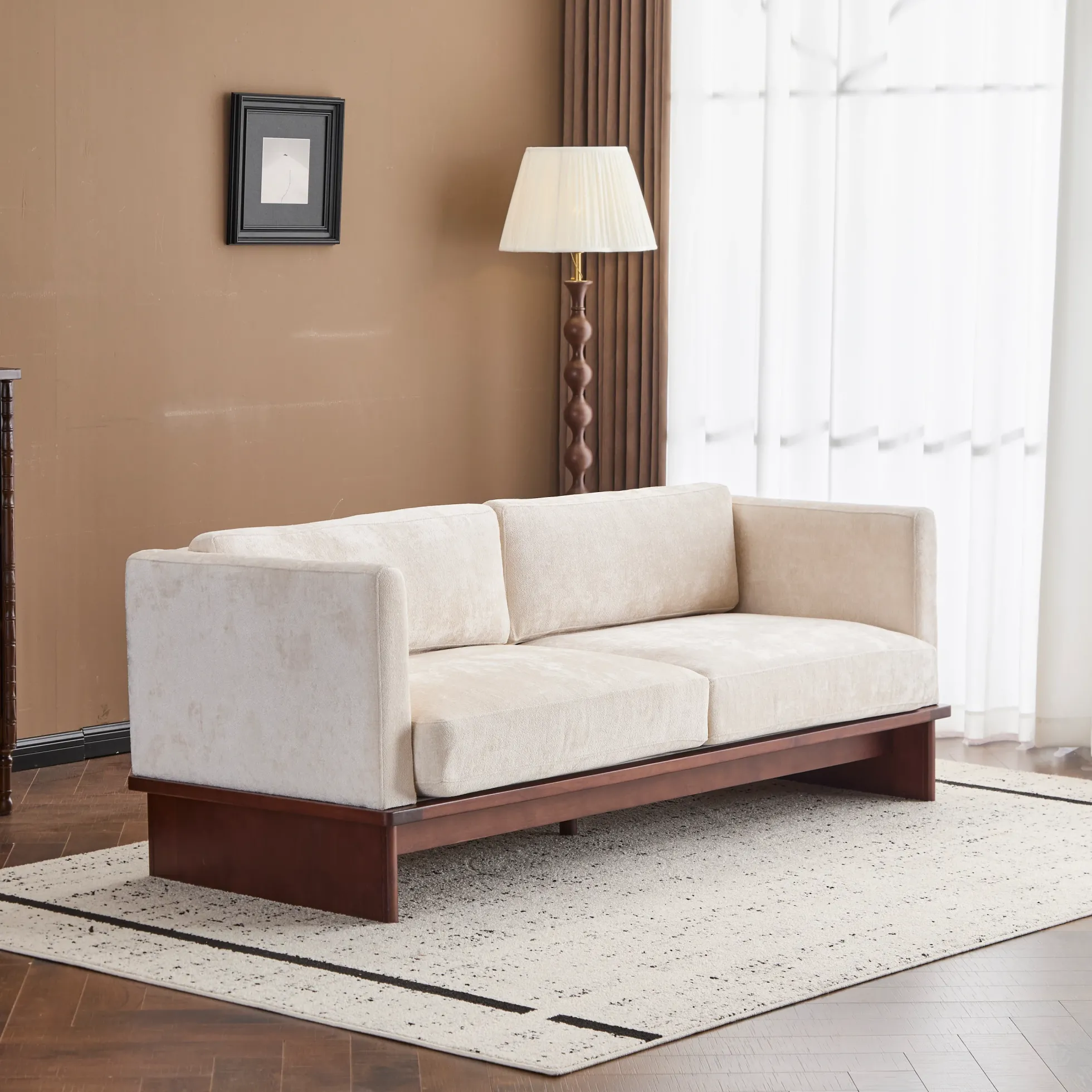 Mid Century Boucle Sofa with Solid Wood Base