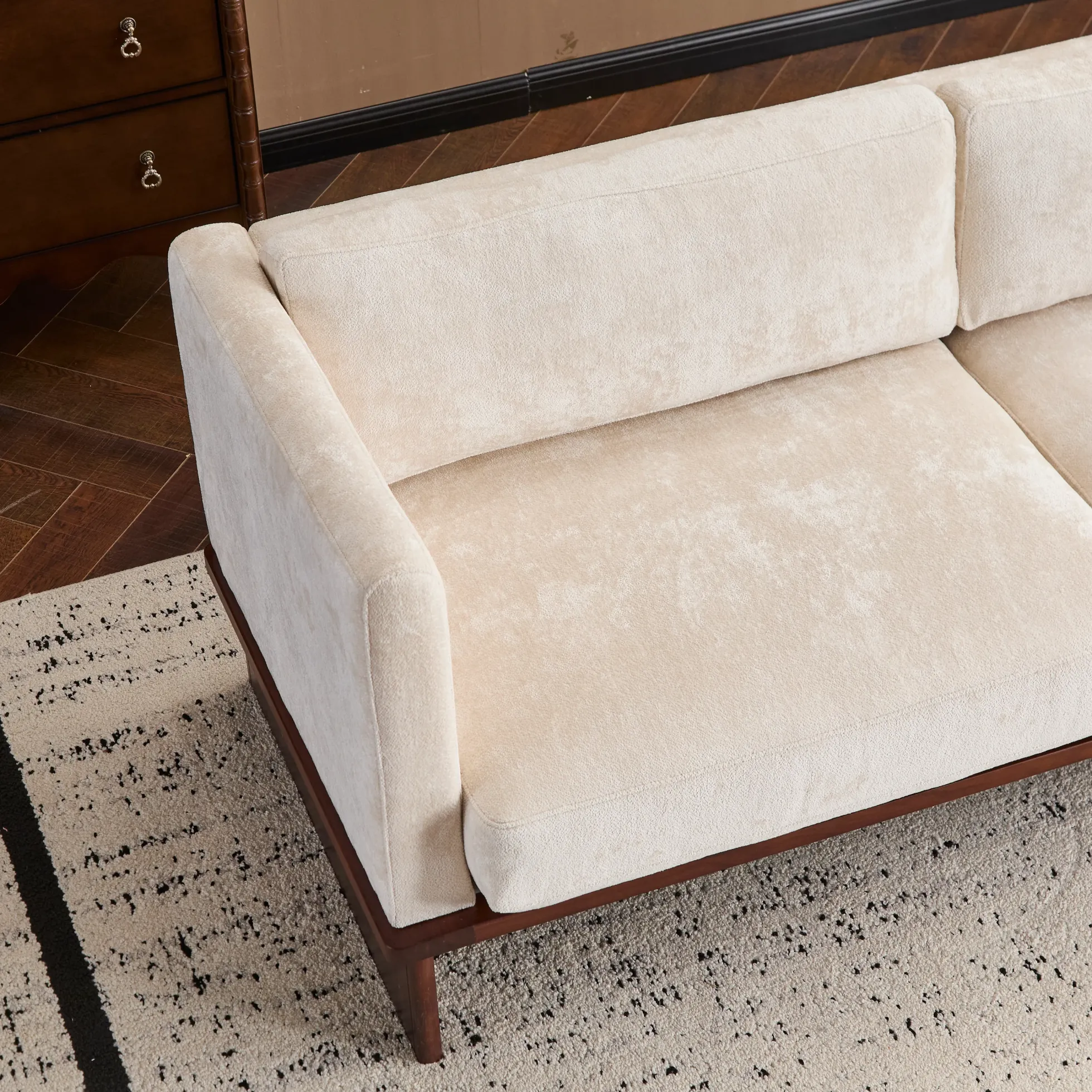 Mid Century Boucle Sofa with Solid Wood Base