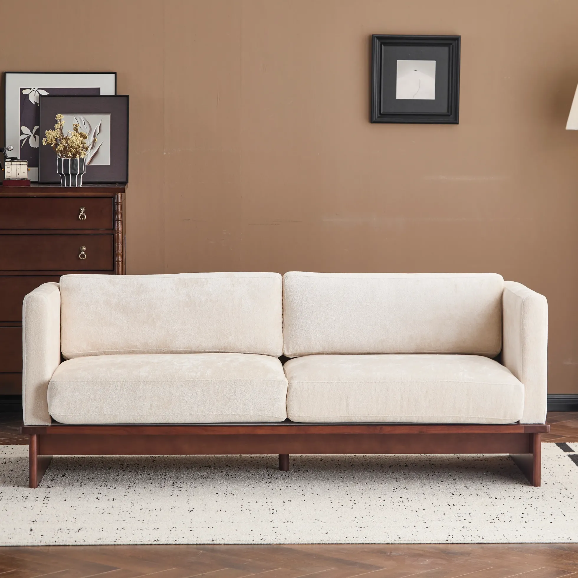 Mid Century Boucle Sofa with Solid Wood Base