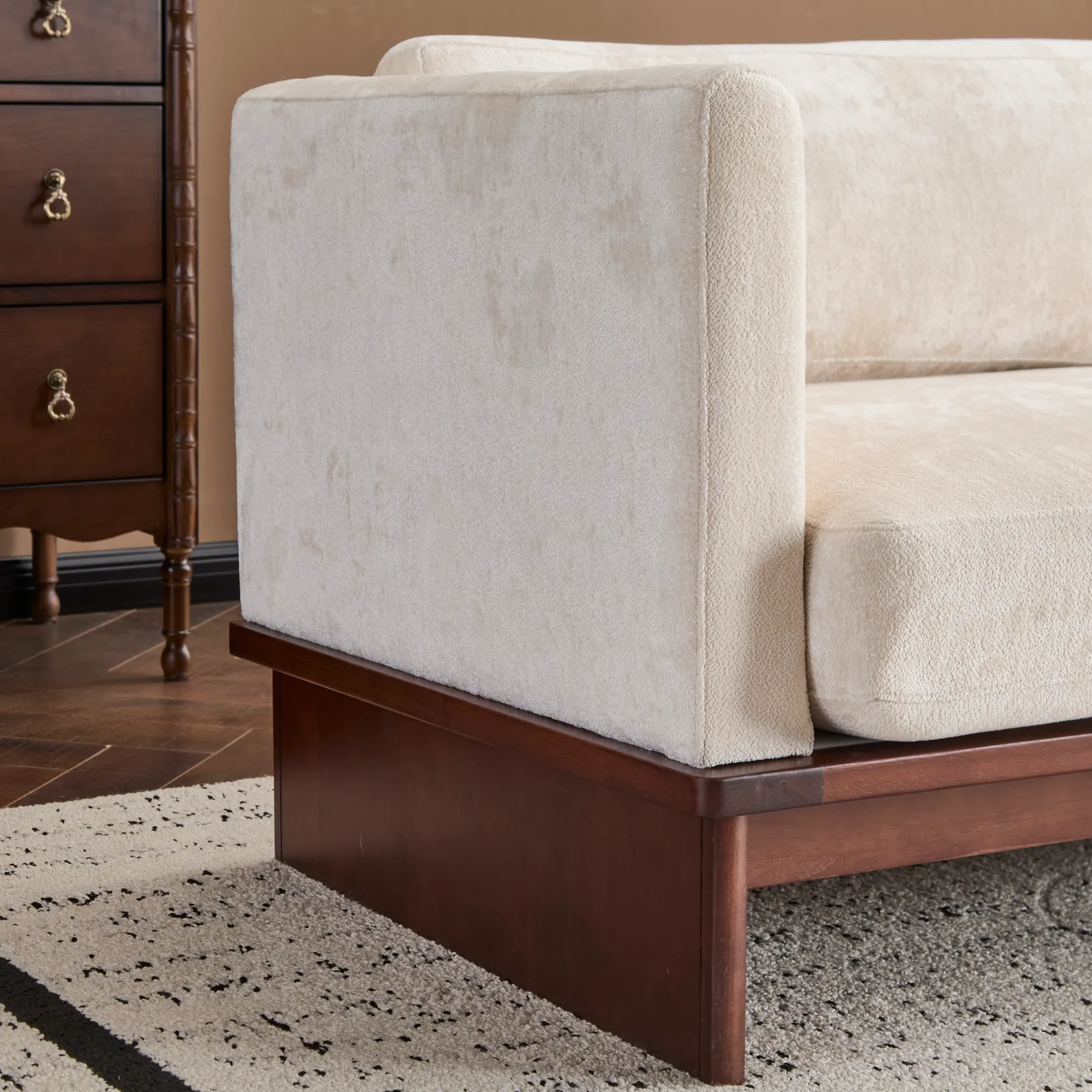 Mid Century Boucle Sofa with Solid Wood Base