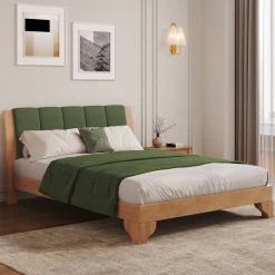 Mid Century Modern Wood and Upholstered Bedframe